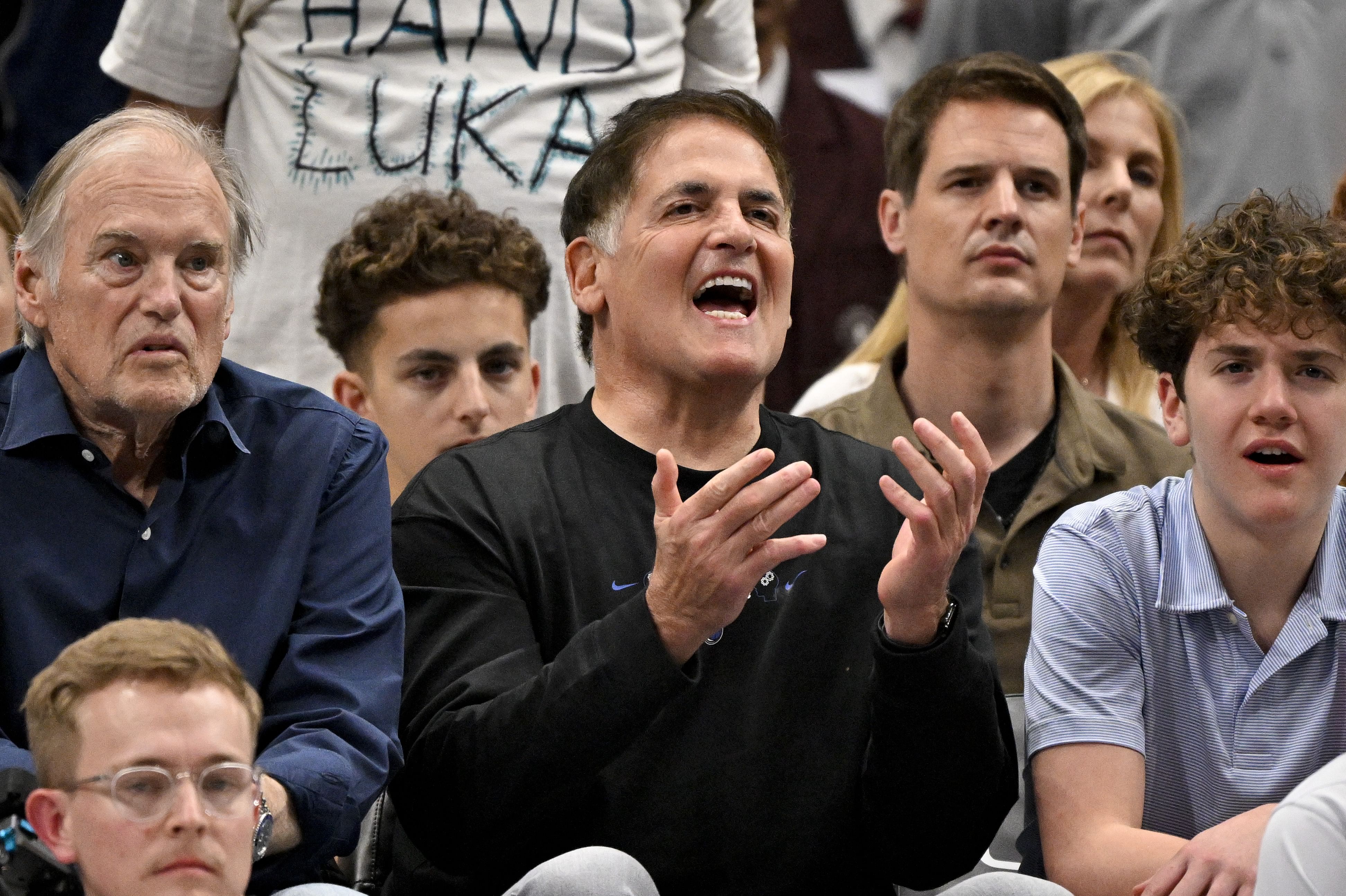 Feb 8, 2025; Dallas, Texas, USA; Mark Cuban watches the game between the Dallas Mavericks and the Houston Rockets at the American Airlines Center. Mandatory Credit: Jerome Miron-Imagn Images - Source: Imagn