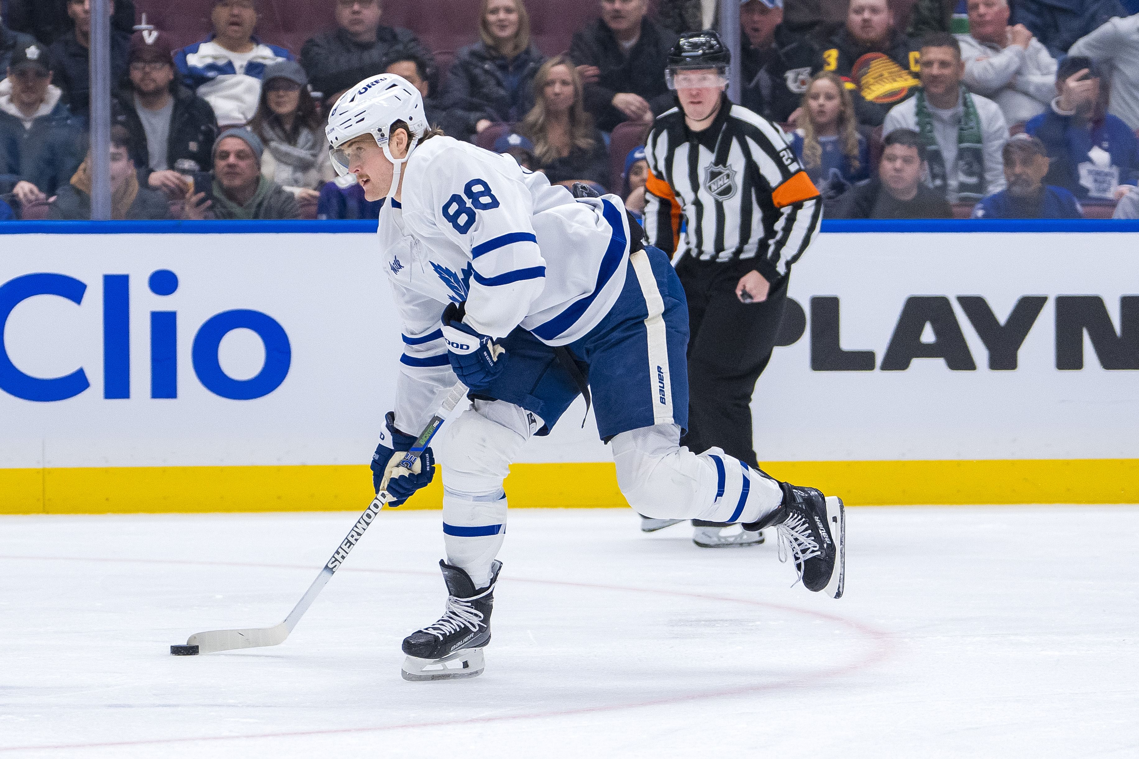 Feb 8, 2025; Vancouver, British Columbia, CAN; Toronto Maple Leafs forward William Nylander (88) looks to shoot against the Vancouver Canucks in the third period at Rogers Arena. Mandatory Credit: Bob Frid-Imagn Images - Source: Imagn