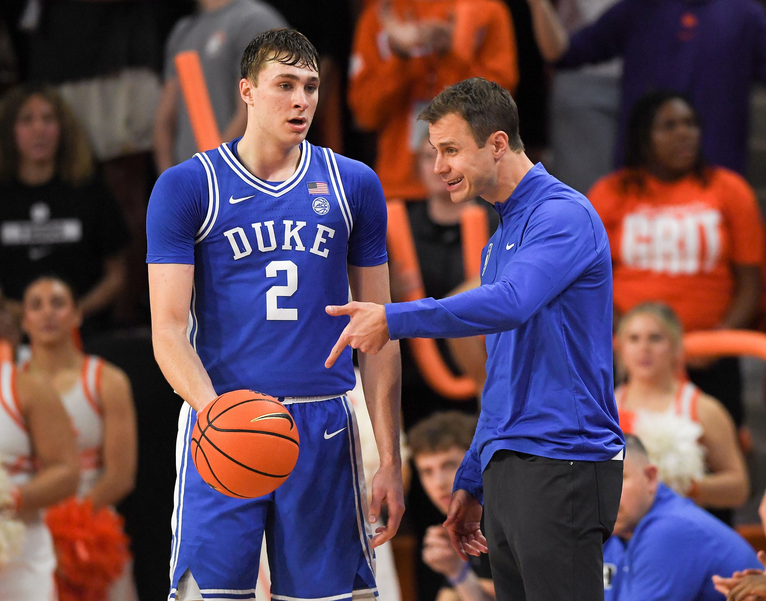 Duke Blue Devils forward Cooper Flagg (2) listens to head coach Jon Scheyer during the game against Clemson at Littlejohn Coliseum. Photo: Imagn