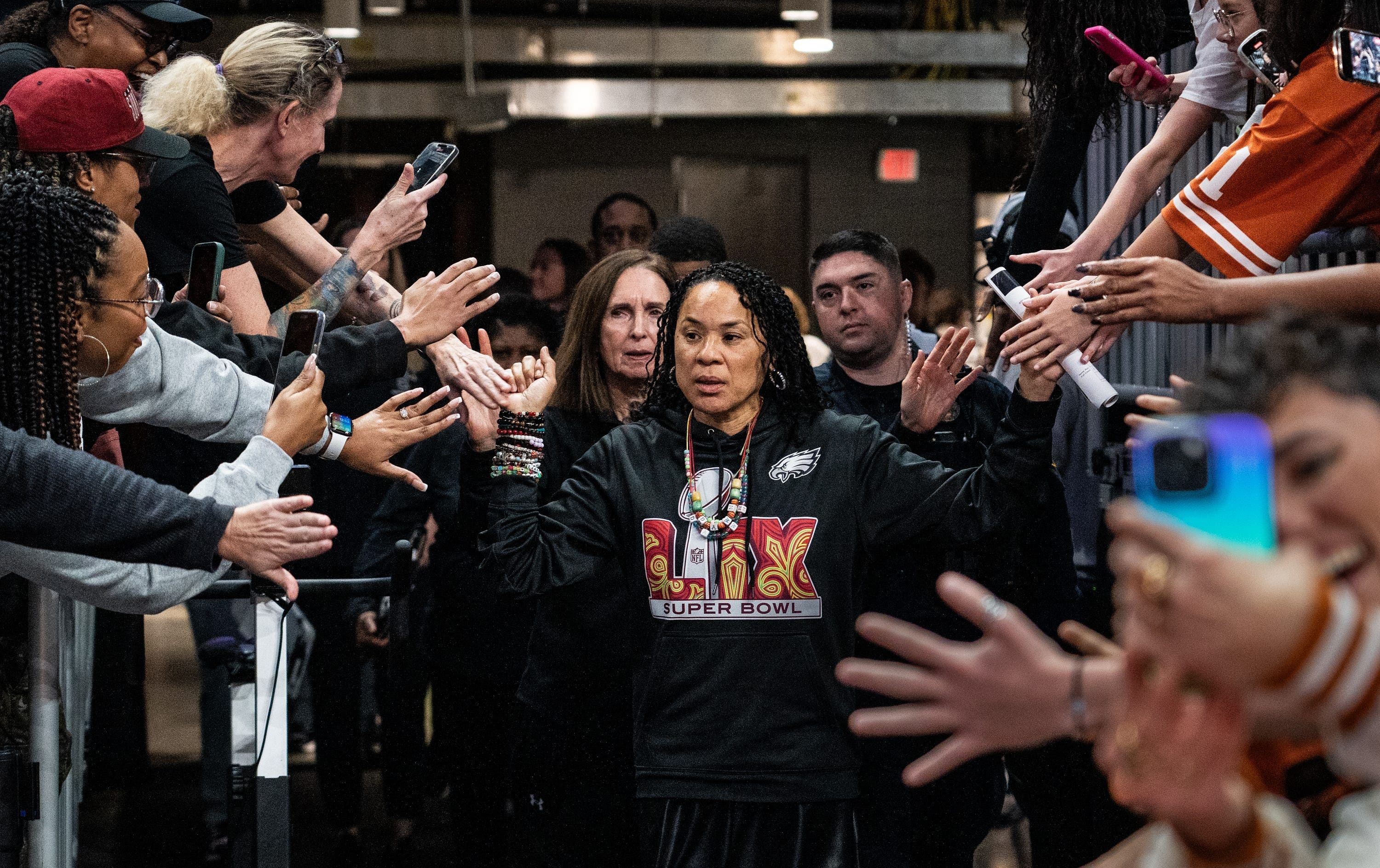 South Carolina Gamecocks head coach Dawn Staley wears Super Bowl gear to support the Philadelphia Eagles as her team prepares to take on the Texas Longhorns at the Moody Center. Photo: Imagn