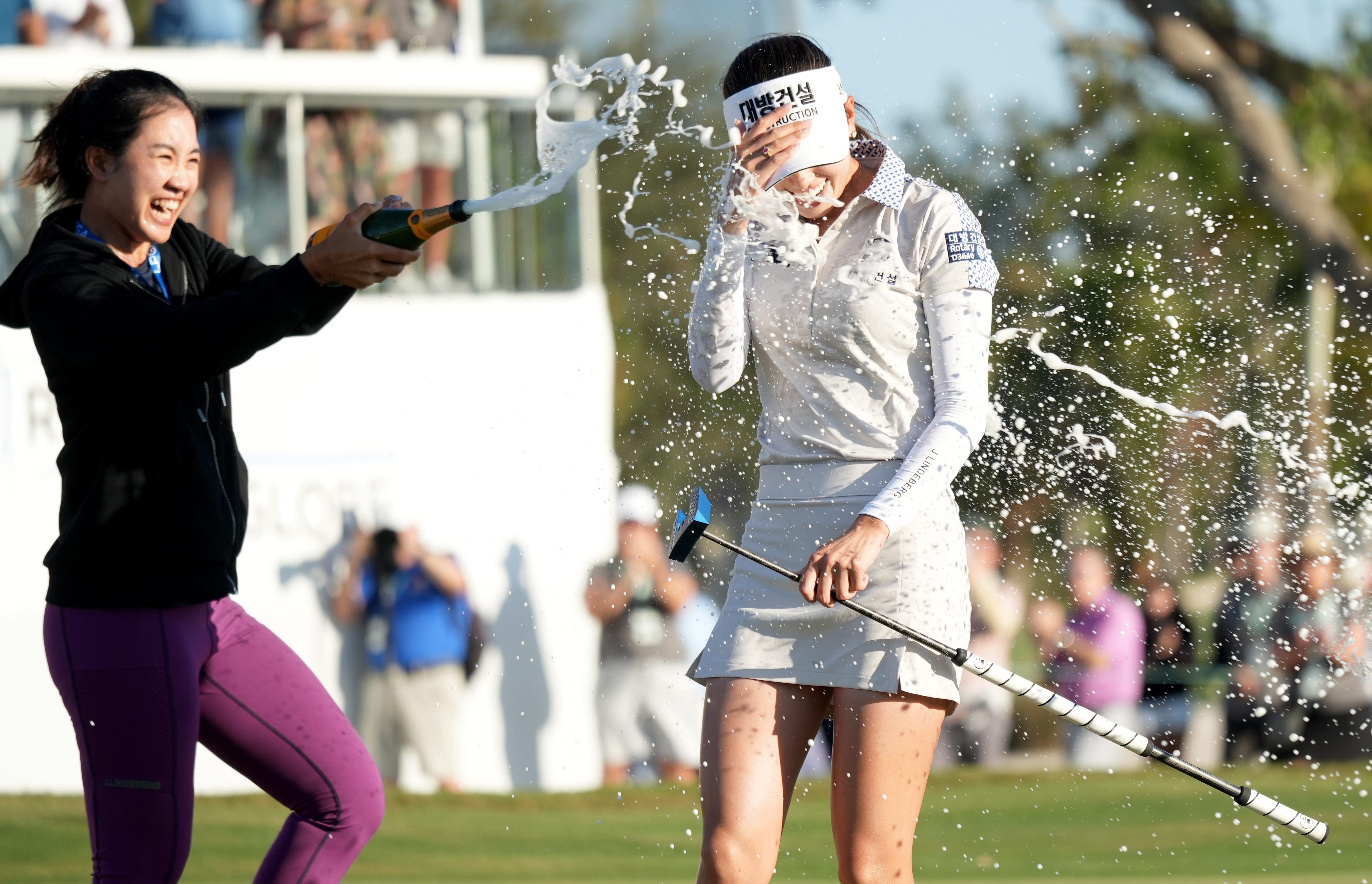 Pajaree Anannarukarn gives American golfer Yealimi Noh a champagne bath after winning the Founders Cup 2025 (Image Source: Imagn)