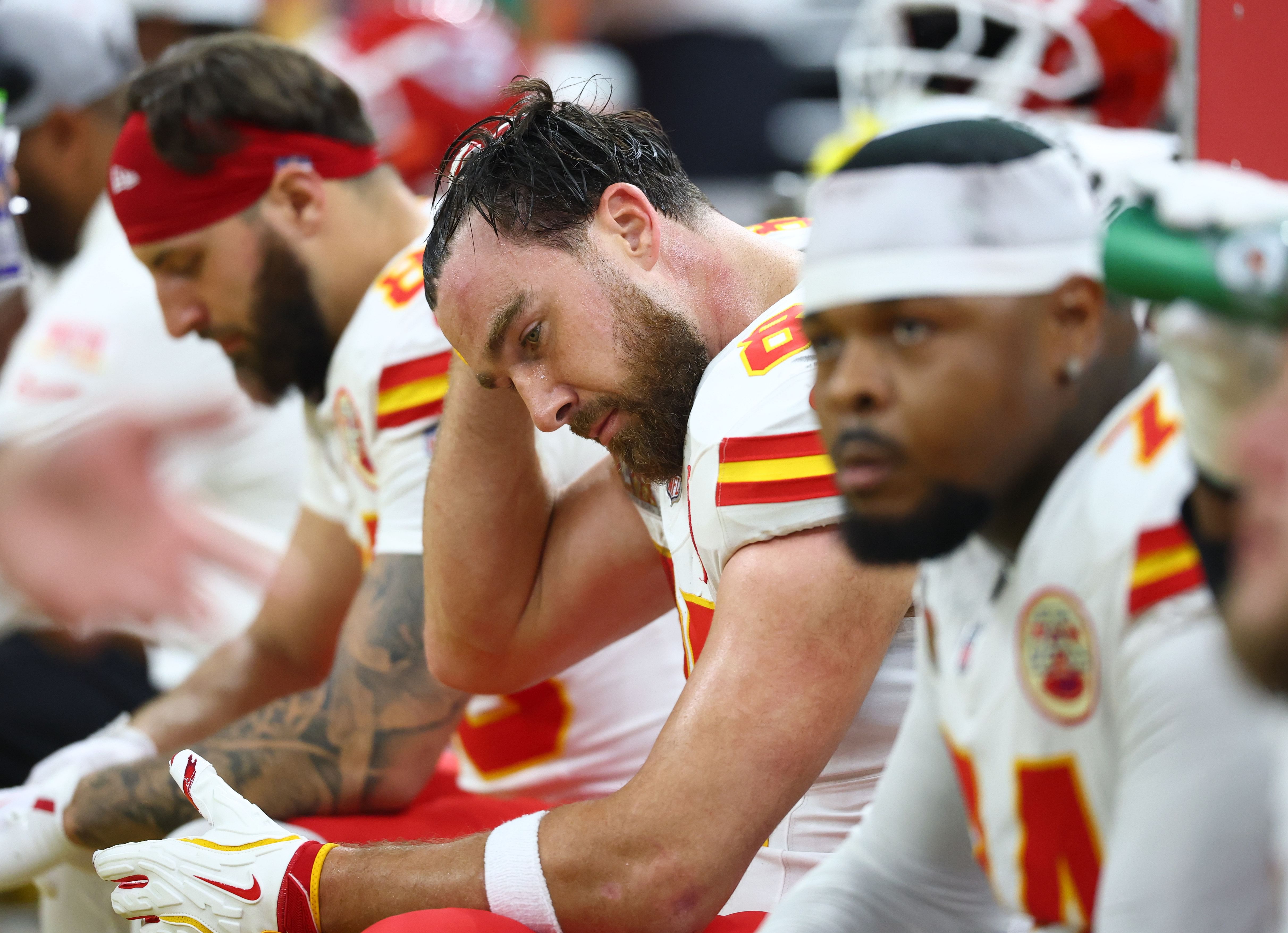 Kansas City Chiefs tight end Travis Kelce (87) reacts on the sideline during the Super Bowl LIX against the Philadelphia Eagles. (Credits: IMAGN)