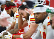 Kansas City Chiefs tight end Travis Kelce (87) reacts on the sideline during the Super Bowl LIX against the Philadelphia Eagles. (Credits: IMAGN)