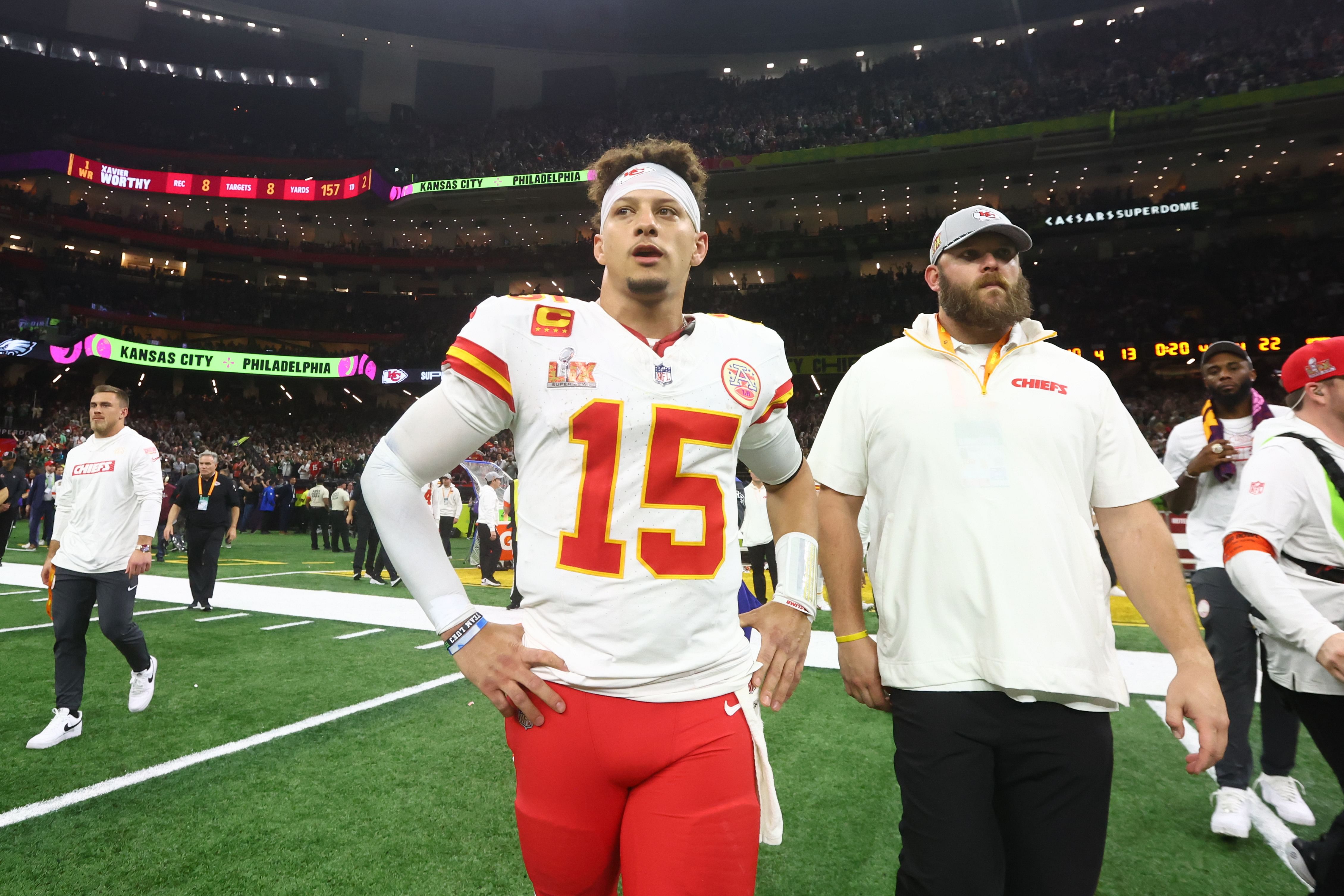 Feb 9, 2025; New Orleans, LA, USA; Kansas City Chiefs quarterback Patrick Mahomes (15) reacts after losing to the Philadelphia Eagles in Super Bowl LIX at Ceasars Superdome. Mandatory Credit: Mark J. Rebilas-Imagn Images - Source: Imagn