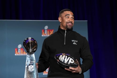 Jalen Hurts (1) poses with the Vince Lombardi trophy at the Super Bowl LIX Winning Head Coach and Most Valuable Player - Source: Imagn