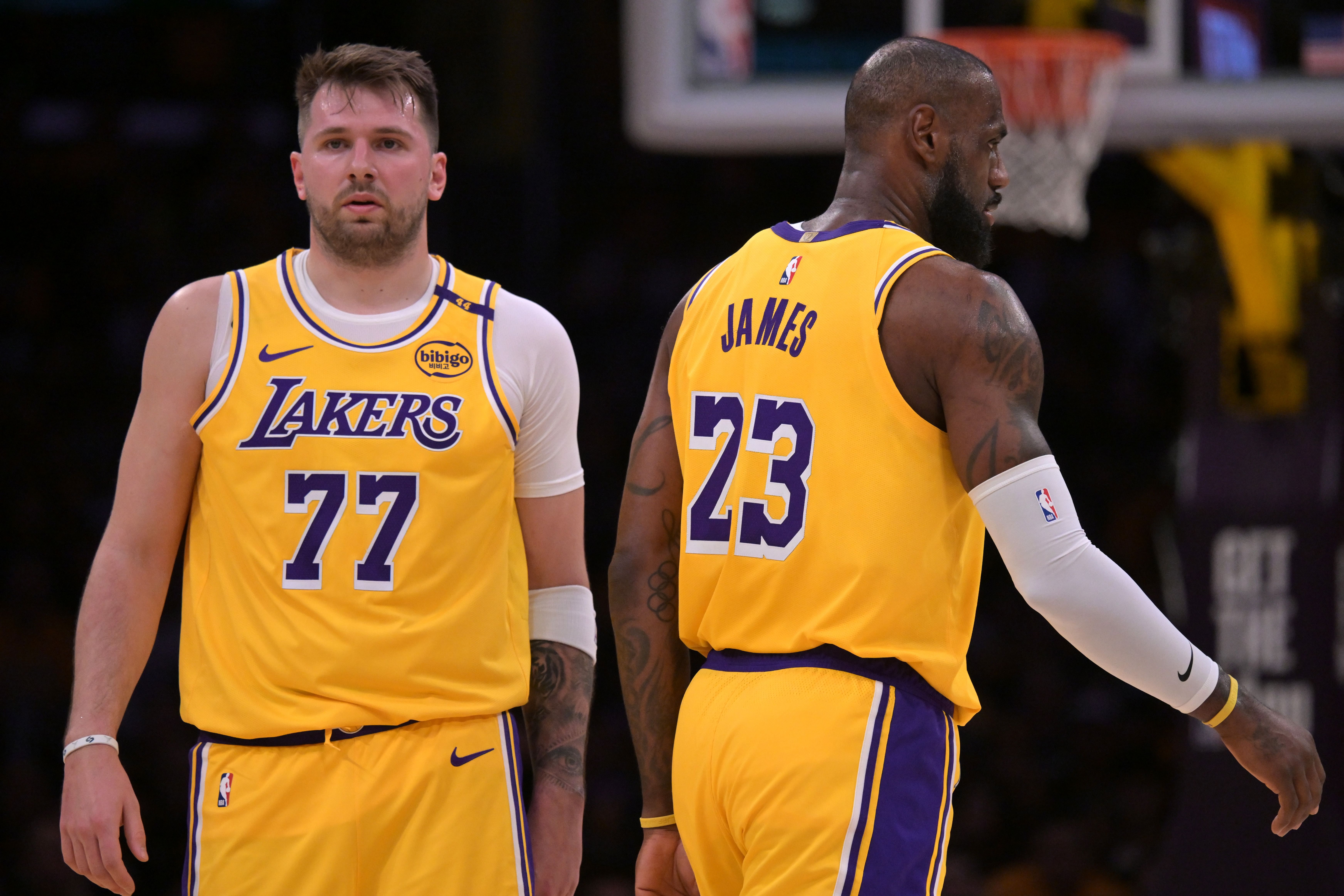 Los Angeles Lakers guard Luka Doncic and forward LeBron James on the court against the Utah Jazz at Crypto.com Arena. Mandatory Credit: Jayne Kamin-Oncea-Imagn