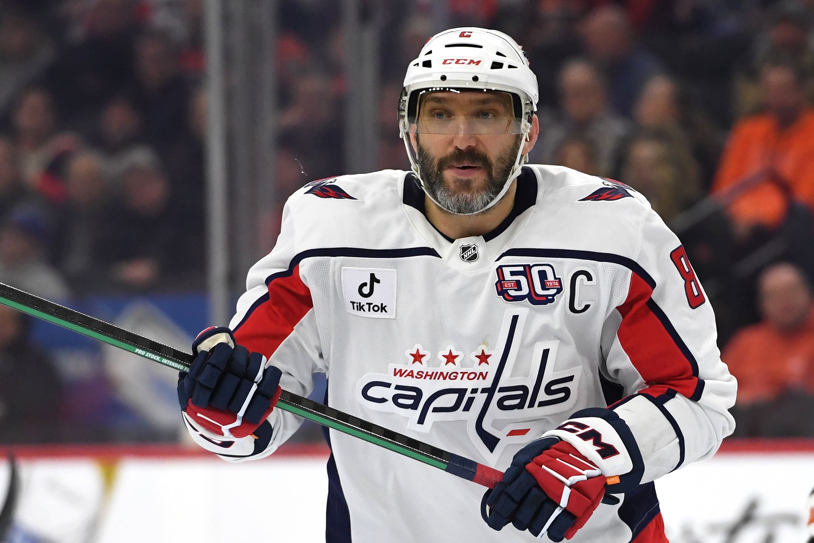 Washington Capitals left wing Alex Ovechkin (8) against the Philadelphia Flyers at Wells Fargo Center.- Source: Imagn