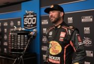 Martin Truex Jr. talks with the press on the red carpet during NASCAR media day on Wednesday, Feb.12, 2025- Source: Imagn