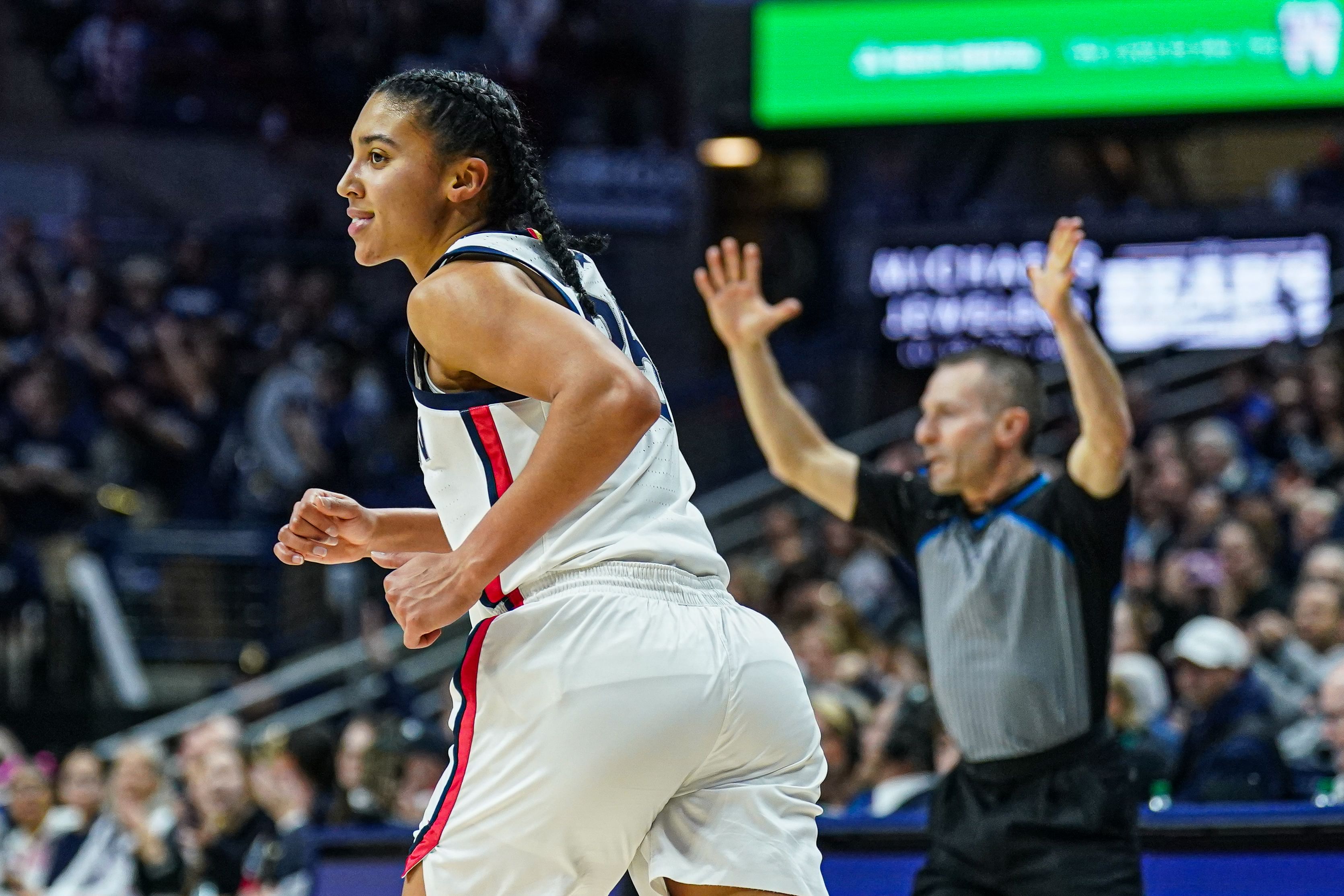 UConn Huskies guard Azzi Fudd (#35) reacts after making a three-point basket against the St. John&#039;s Red Storm in the second half of their game at Harry A. Gampel Pavilion. Photo: Imagn