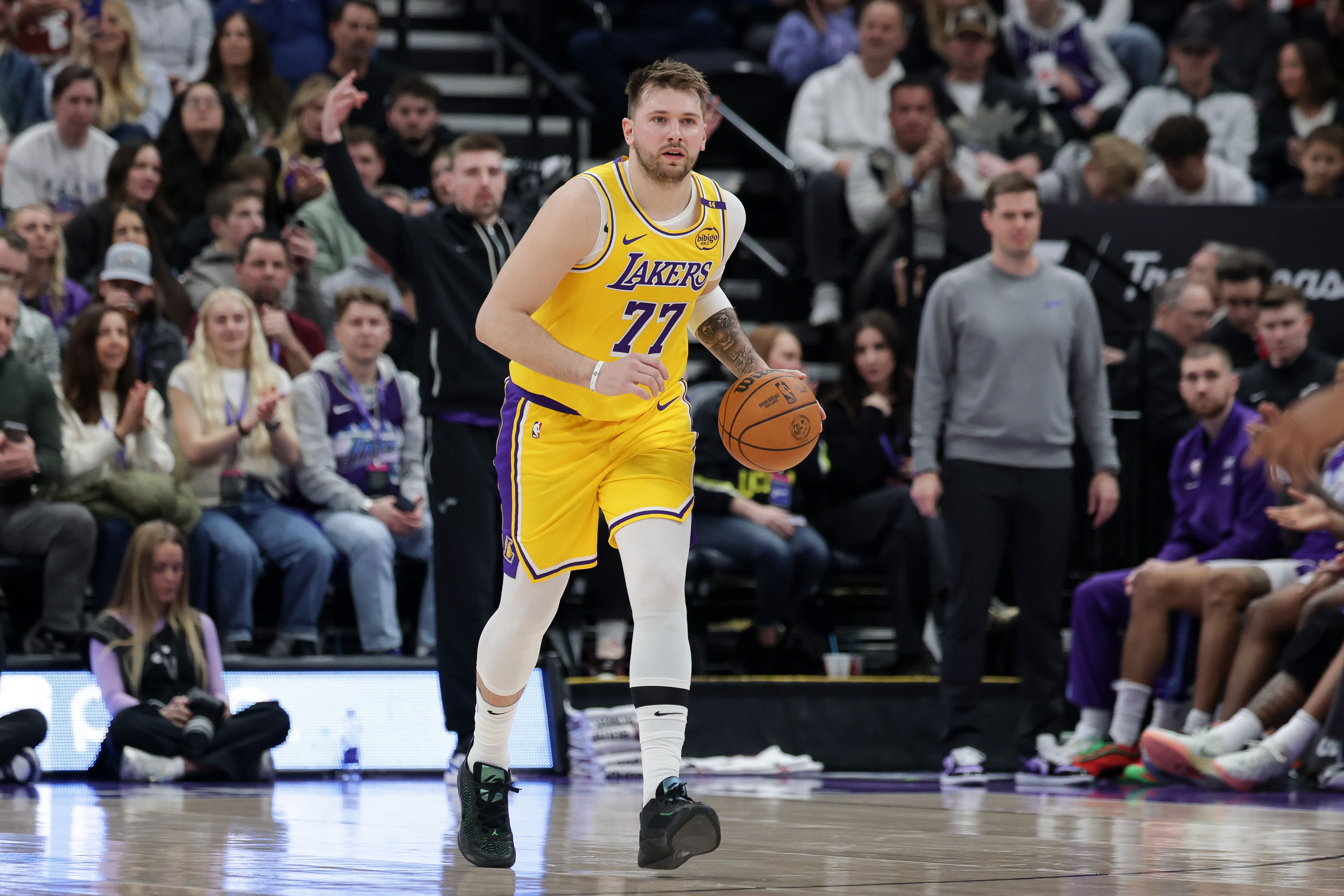 Feb 12, 2025; Salt Lake City, Utah, USA; Los Angeles Lakers guard Luka Doncic (77) dribbles during the second quarter against the Utah Jazz at Delta Center. Mandatory Credit: Chris Nicoll-Imagn Images - Source: Imagn