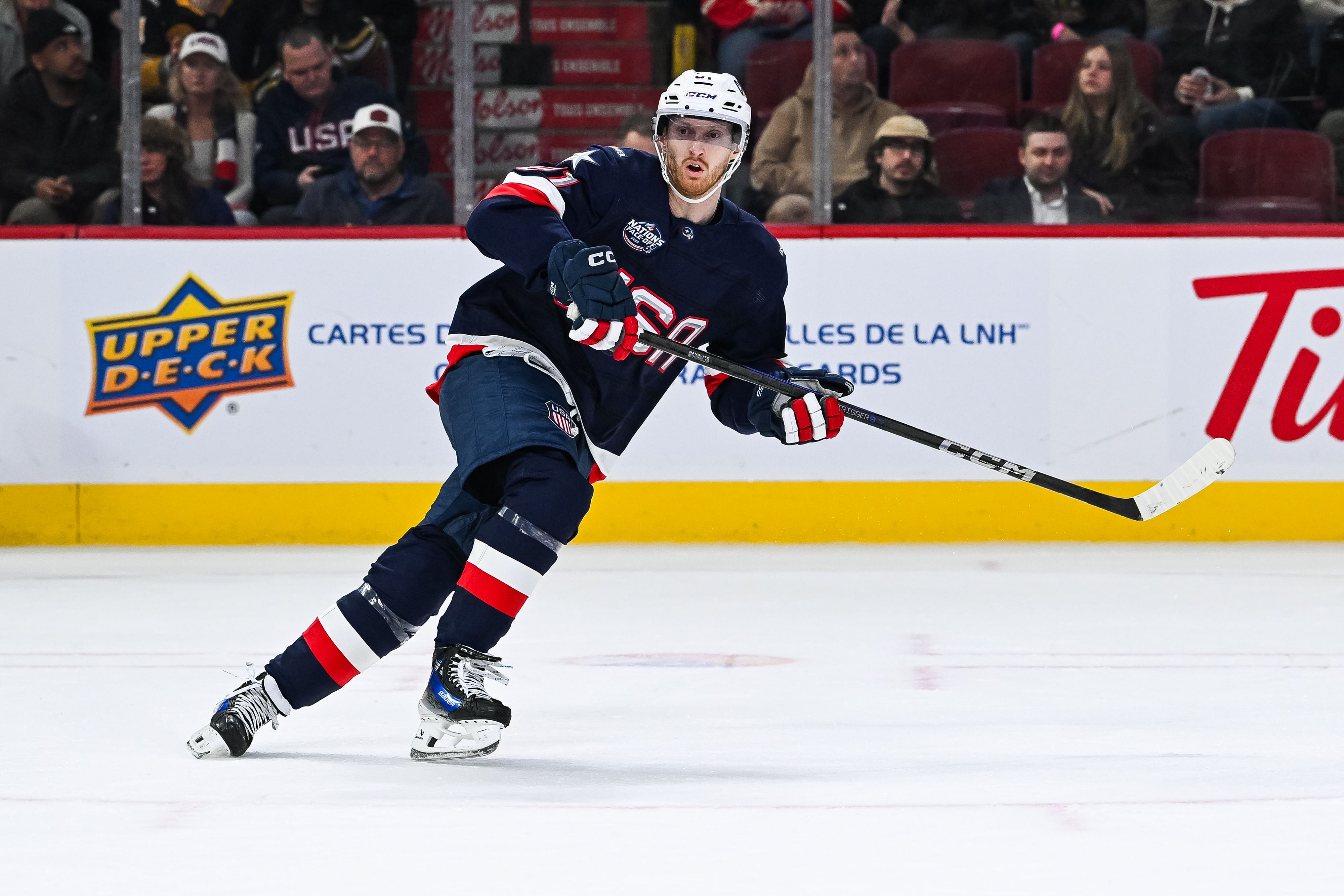 Feb 13, 2025; Montreal, Quebec, CAN; [Imagn Images direct customers only] Team USA forward Kyle Connor (81) skates against Team Finland in the third period during a 4 Nations Face-Off ice hockey game at Bell Centre. Mandatory Credit: David Kirouac-Imagn Images - Source: Imagn