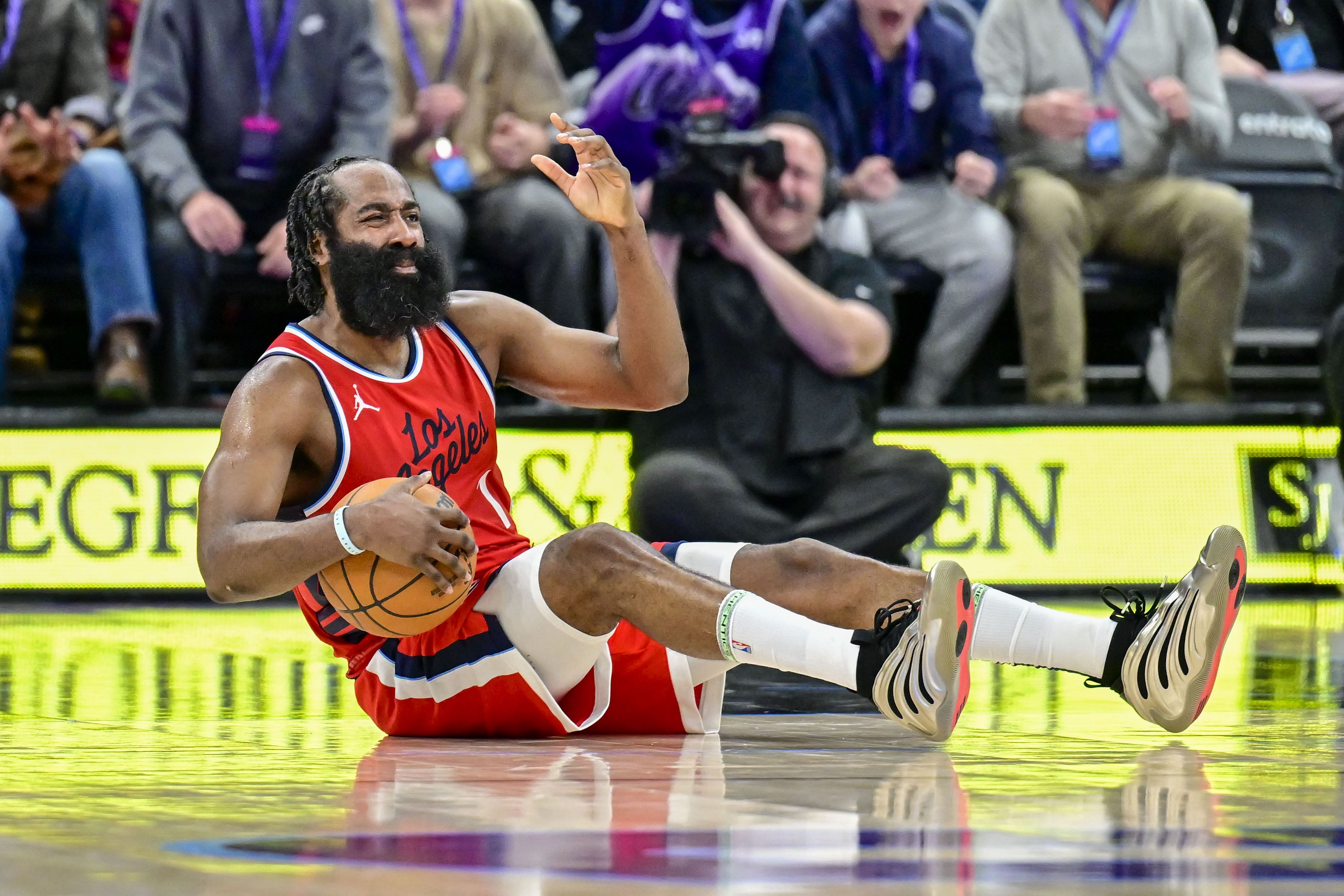 Feb 13, 2025; Salt Lake City, Utah, USA; LA Clippers guard James Harden (1) reacts to a call against the Utah Jazz during overtime at the Delta Center. Mandatory Credit: Christopher Creveling-Imagn Images - Source: Imagn