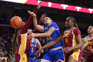 USC Trojans guard Kennedy Smith (11), UCLA Bruins center Lauren Betts (51) and USC Trojans center Clarice Akunwafo (34) battle for the rebound during the third quarter at Galen Center. Photo: Imagn