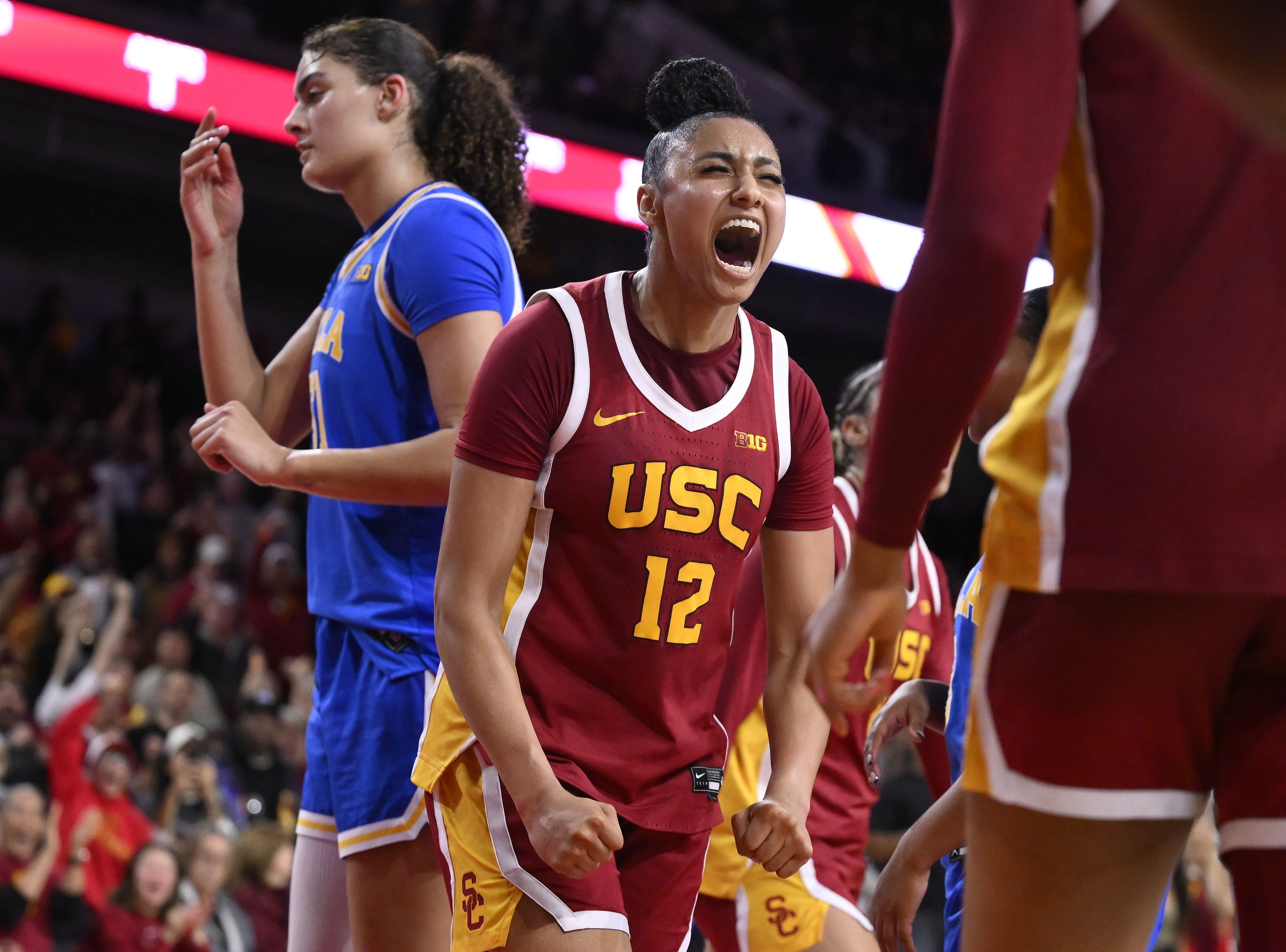 USC Trojans guard JuJu Watkins (#12) reacts after scoring in the fourth quarter against the UCLA Bruins at Galen Center. Photo: Imagn