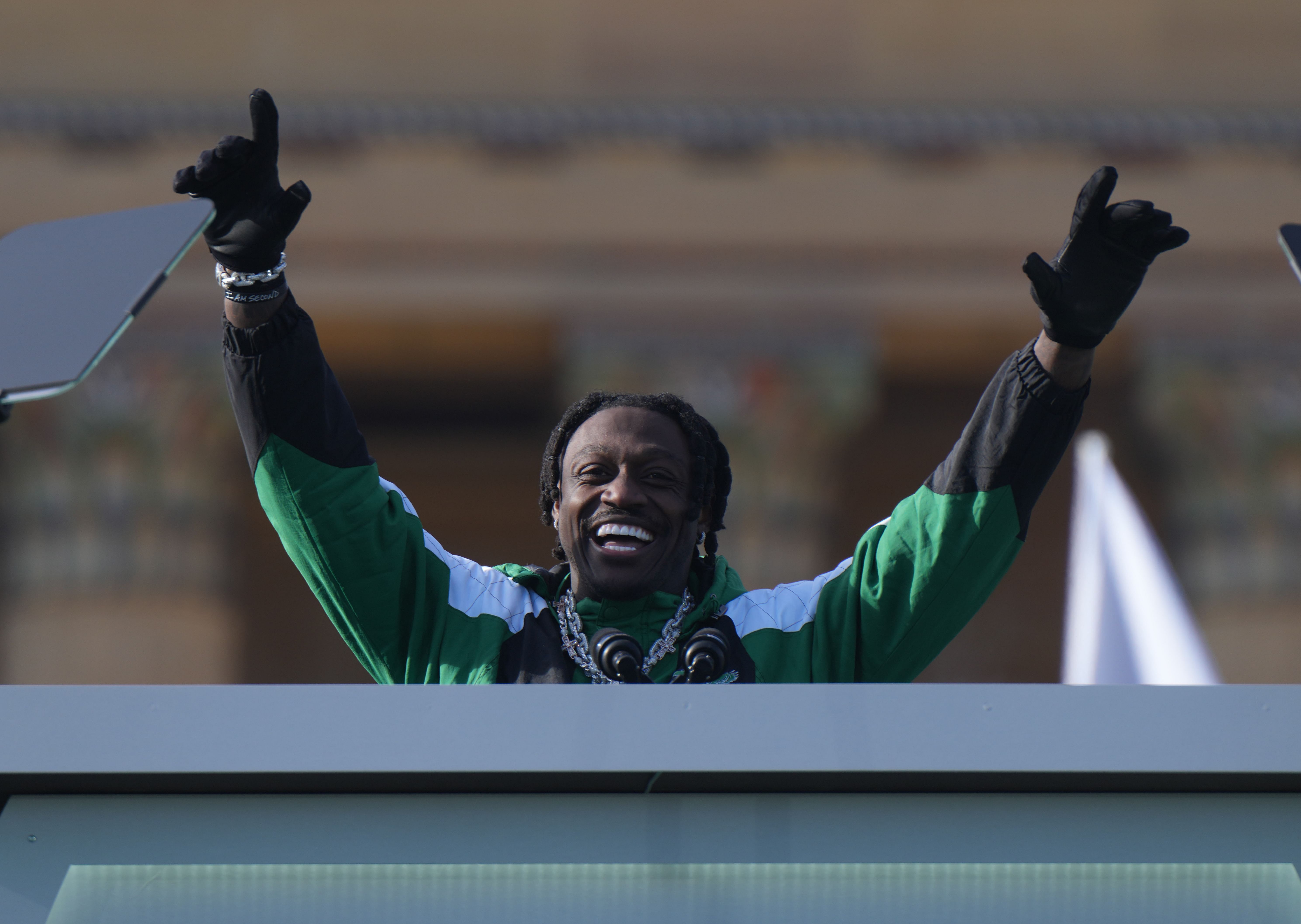 Feb 14, 2025; Philadelphia, PA, USA; Philadelphia Eagles receiver A.J. Brown addresses the crowd during the Super Bowl LIX championship parade and rally. Mandatory Credit: Kirby Lee-Imagn Images - Source: Imagn