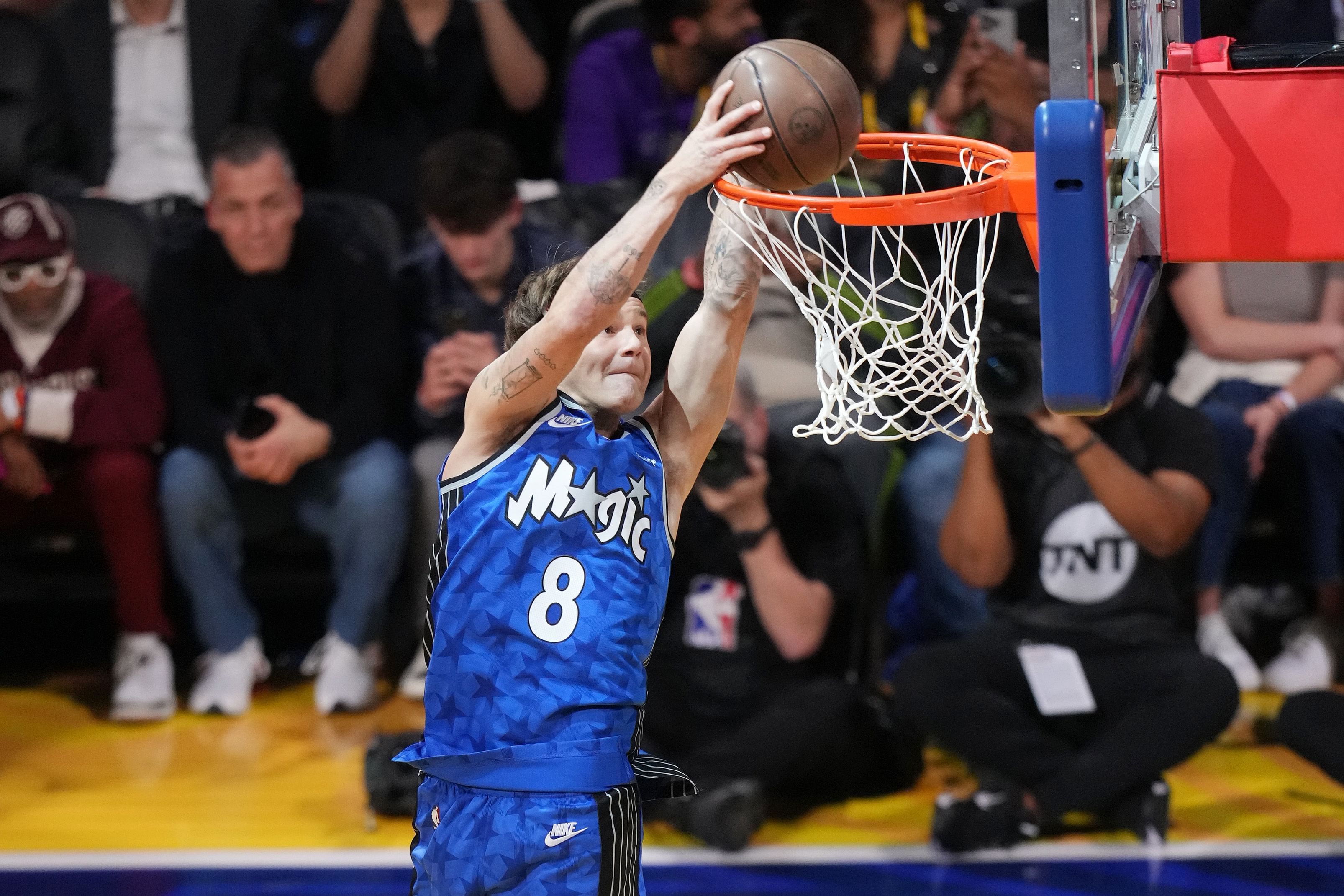 Osceola Magic guard Mac McClung competes in the slam dunk competition during All Star Saturday Night ahead of the 2025 NBA All Star Game at Chase Center. Photo Credit: Imagn