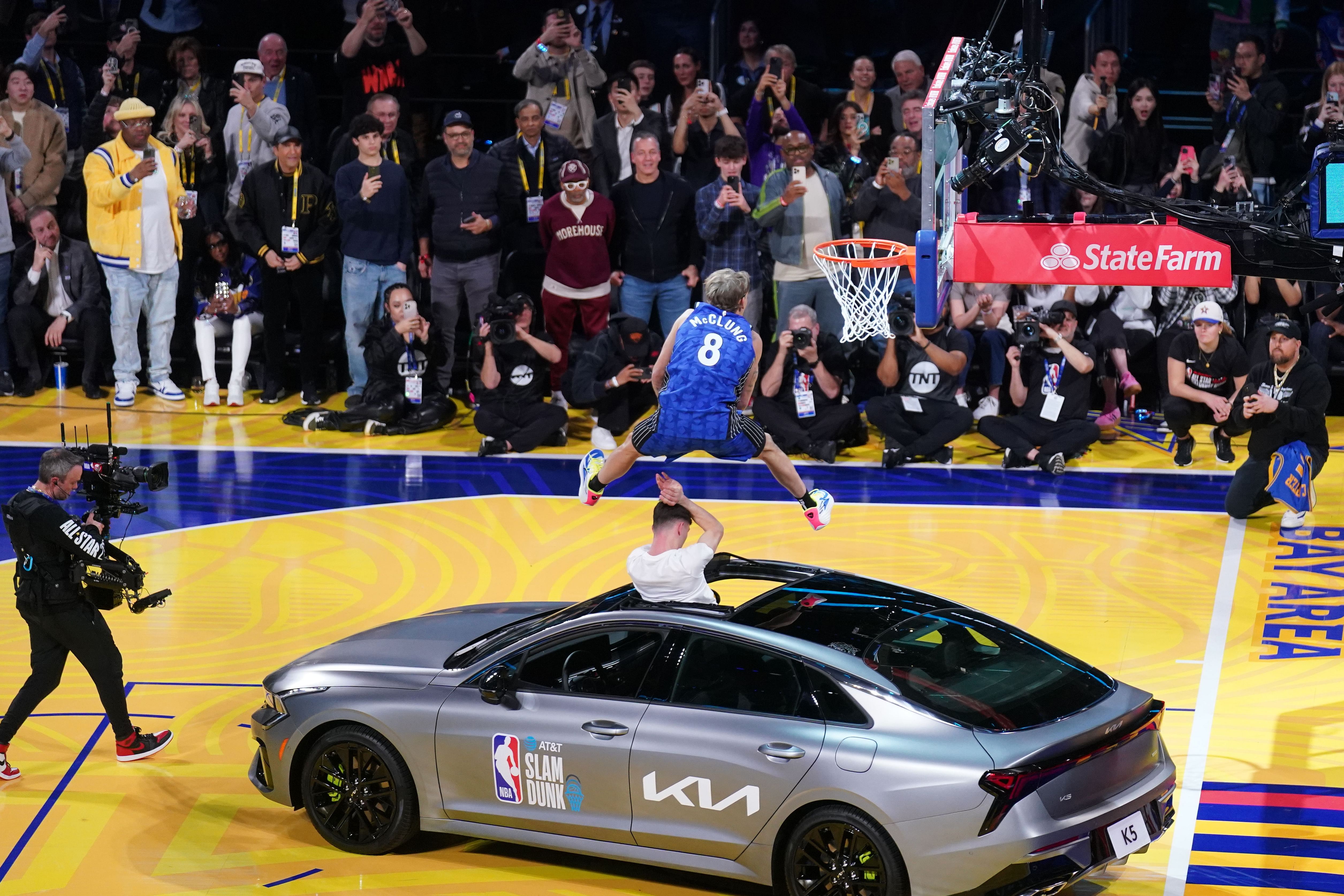 Osceola Magic guard Mac McClung competes in the slam dunk competition during All Star Saturday Night at Chase Center. Photo Credit: Imagn