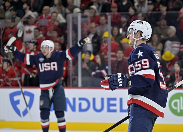 Feb 15, 2025; Montreal, Quebec, CAN; [Imagn Images direct customers only] Team United States forward Jake Guentzel (59) celebrates after scoring an empty net goal against Team Canada in the third period during a 4 Nations Face-Off ice hockey game at the Bell Centre. Mandatory Credit: Eric Bolte-Imagn Images - Source: Imagn