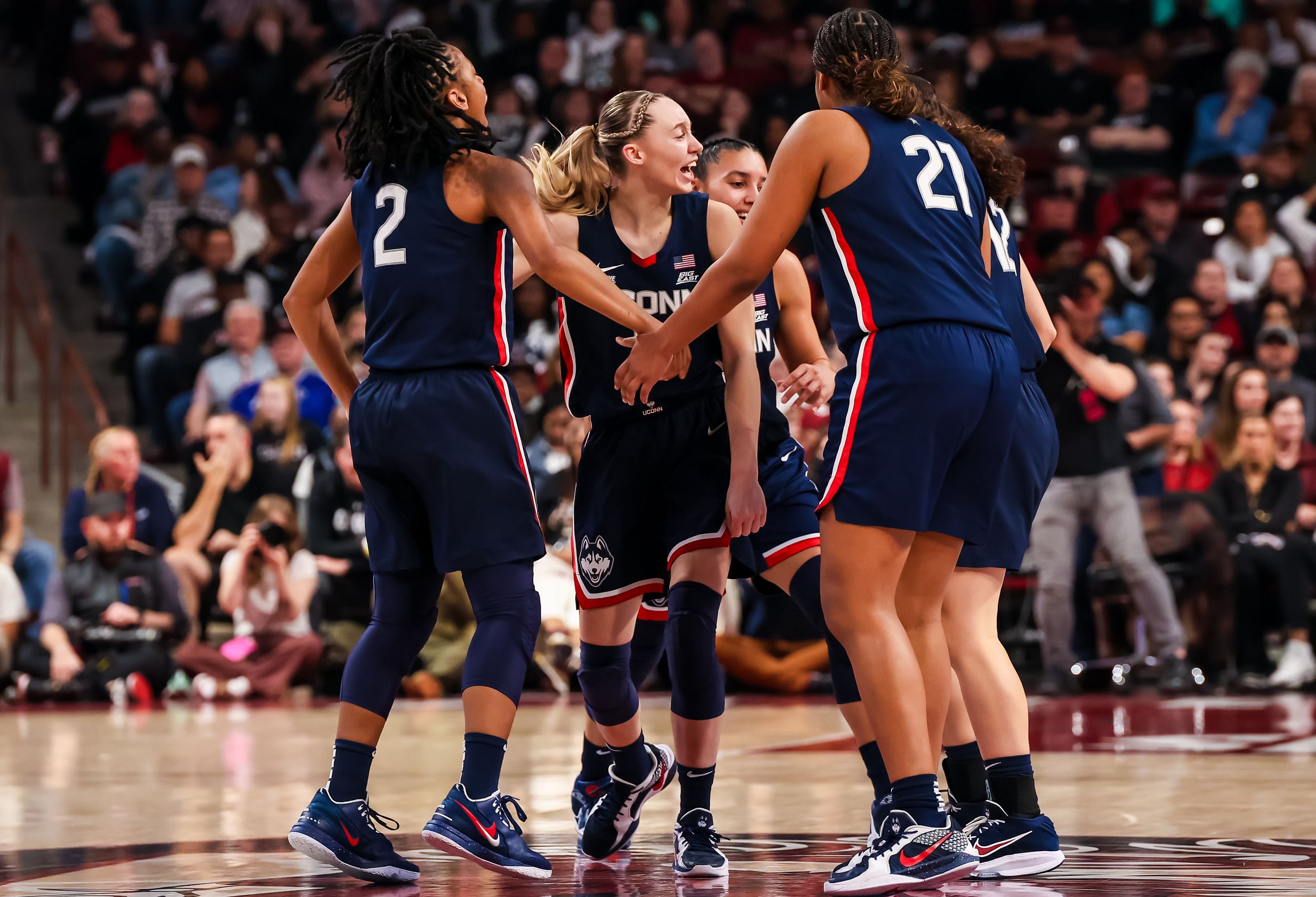 Paige Bueckers and the UConn Huskies celebrate during their game against the South Carolina Gamecocks. Photo: Imagn