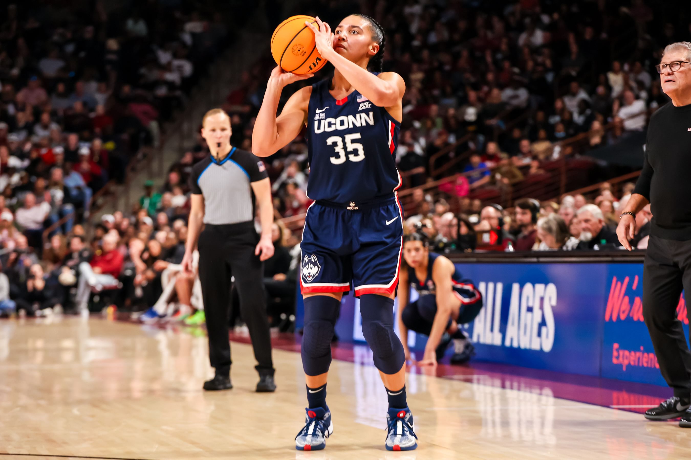 UConn Huskies guard Azzi Fudd (#35) attempts a three-point basket against the South Carolina Gamecocks in the second half at Colonial Life Arena. Photo: Imagn