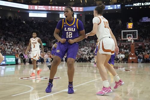 LSU Tigers guard Mikaylah Williams (#12) reacts after scoring during the second half against the Texas Longhorns at Moody Center. Photo: Imagn