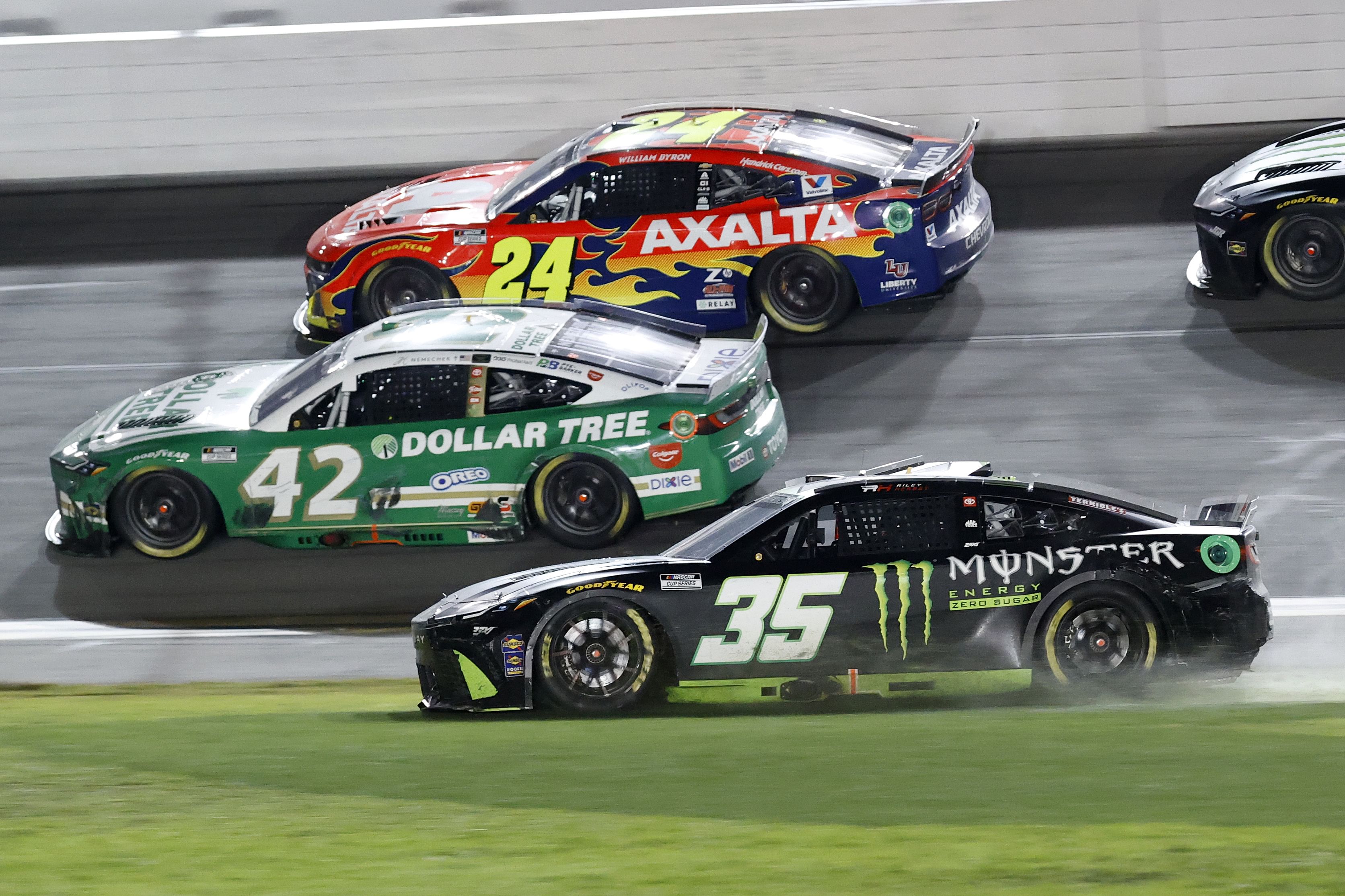 Riley Herbst drives the #35 Toyota Camry in the infield grass at DAYTONA 500 - Source: Imagn