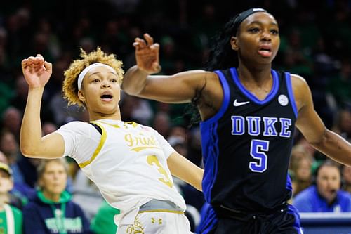 Notre Dame Fighting Irish guard Hannah Hidalgo (3) watches her shot attempt in the game against the Duke Blue Devils at Purcell Pavilion on Feb. 17, 2025, in South Bend. Photo: Imagn