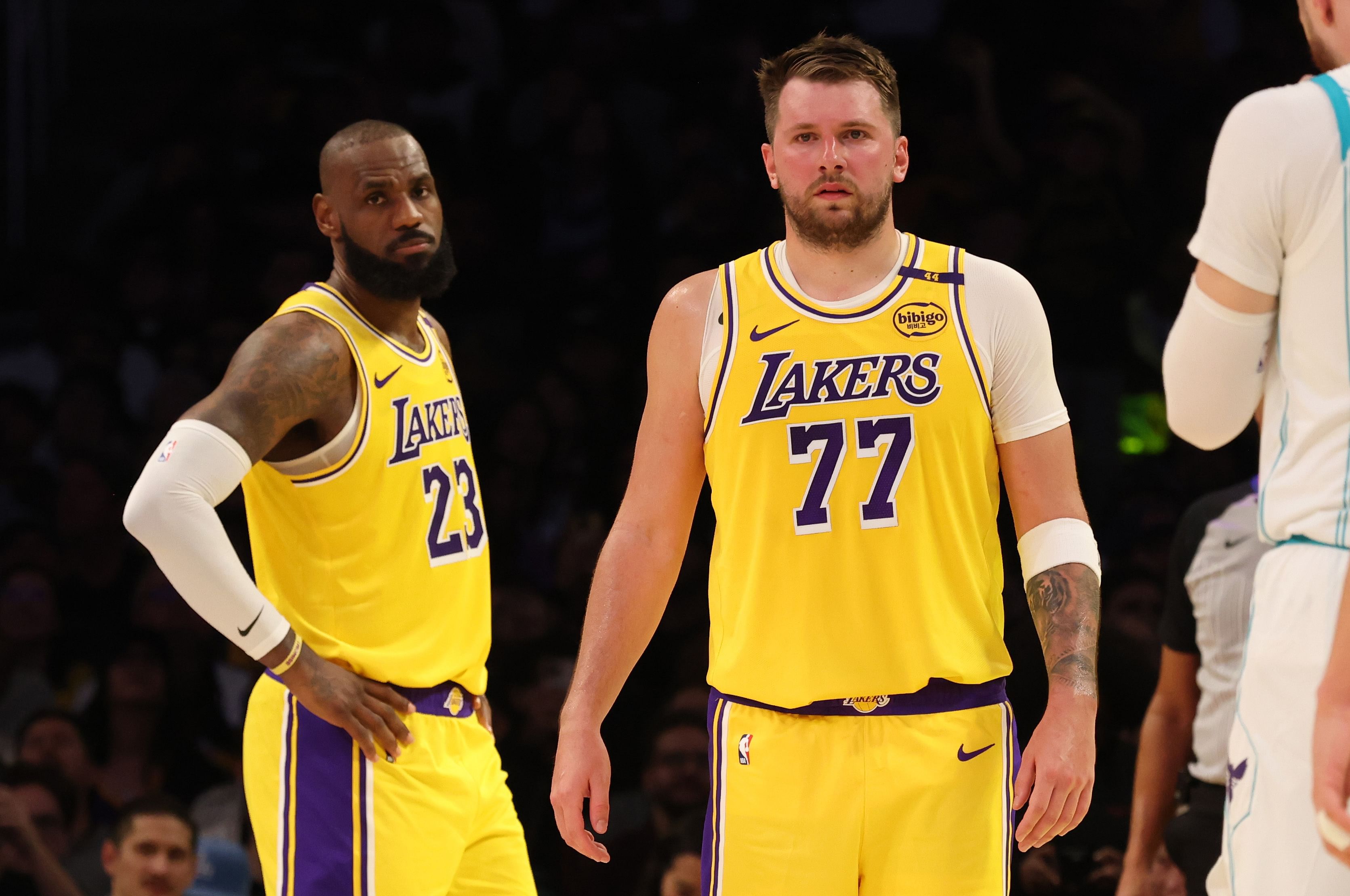 LA Lakers forward LeBron James and guard Luka Doncic (77) at Crypto.com Arena. Photo Credit: Imagn