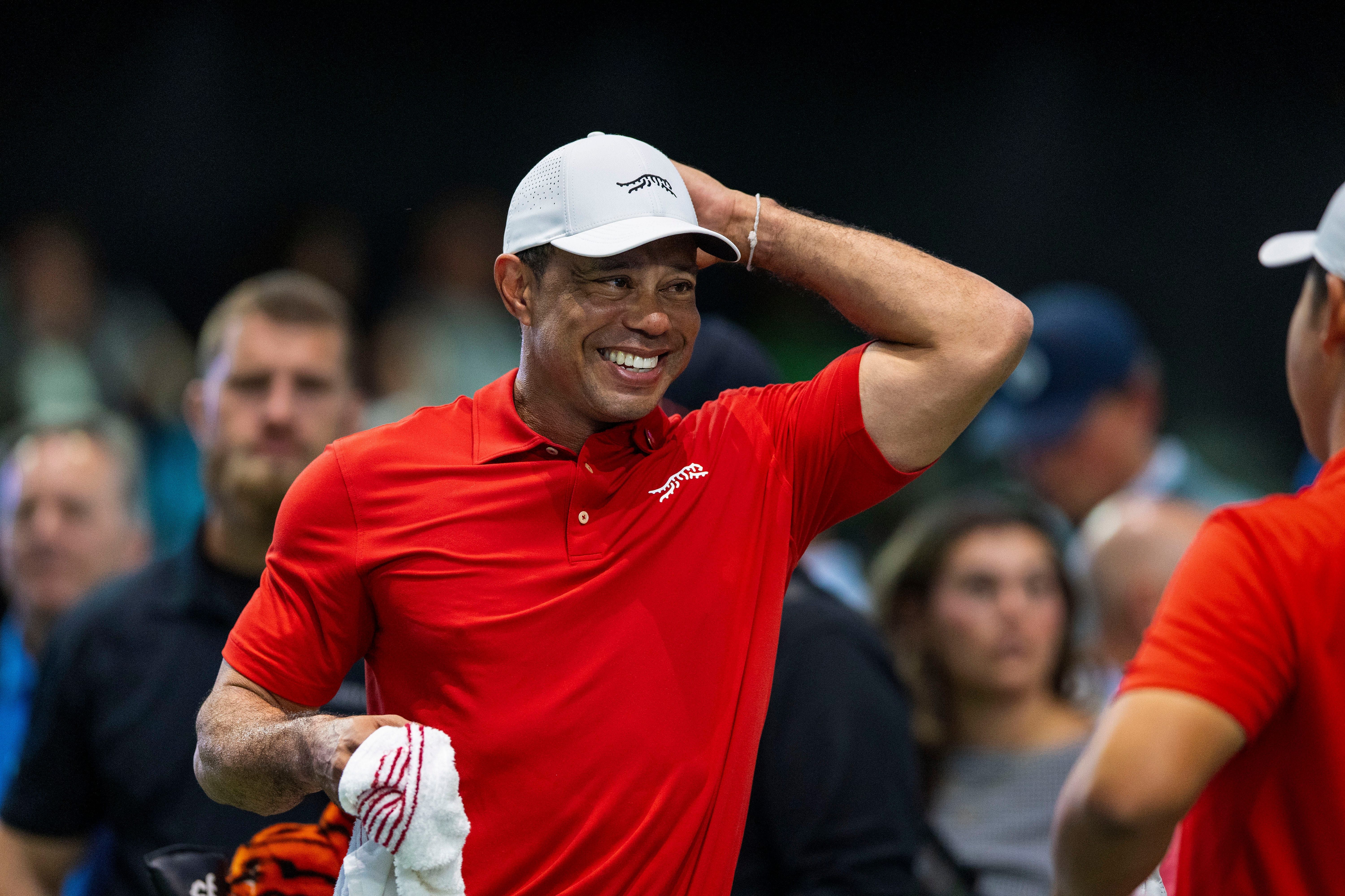 Woods laughs during Jupiter Links&#039; TGL match against the New York Golf Club at SoFi Cente - Source: Imagn