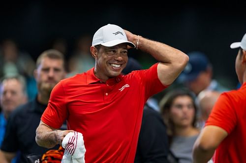 Woods laughs during Jupiter Links' TGL match against the New York Golf Club at SoFi Cente - Source: Imagn