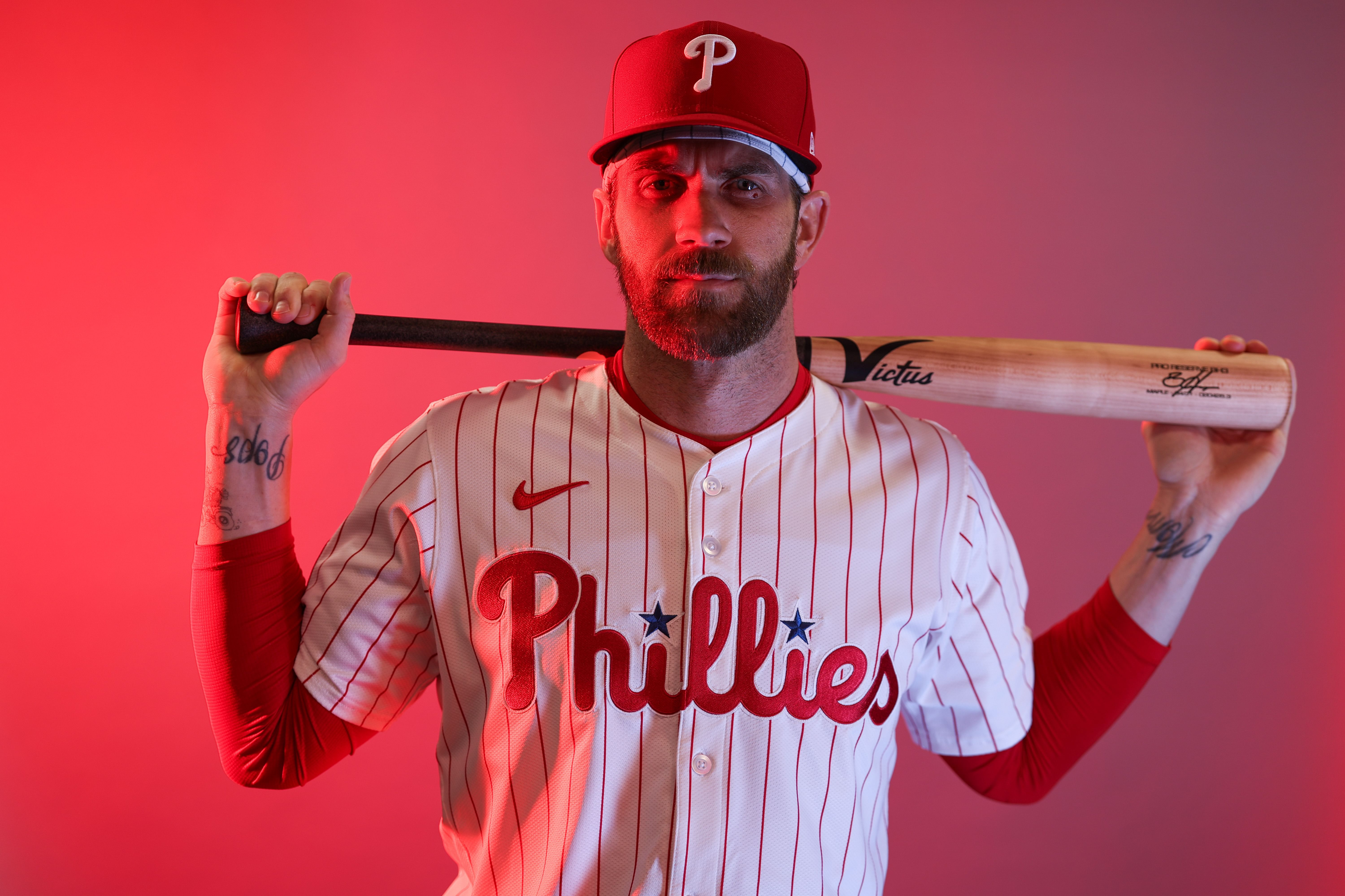 Feb 20, 2025; Clearwater, FL, USA; Philadelphia Phillies first base Bryce Harper (3) participates in media day at BayCare Ballpark. Mandatory Credit: Nathan Ray Seebeck-Imagn Images - Source: Imagn