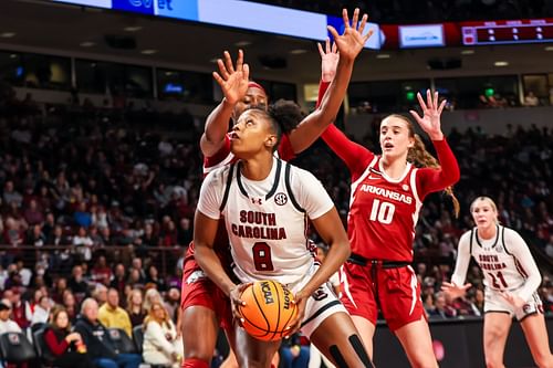 South Carolina Gamecocks forward Joyce Edwards (#8) looks to shoot over Arkansas Razorbacks forward Vera Ojenuwa (#22) in the first half of their NCAA game at Colonial Life Arena. Photo: Imagn