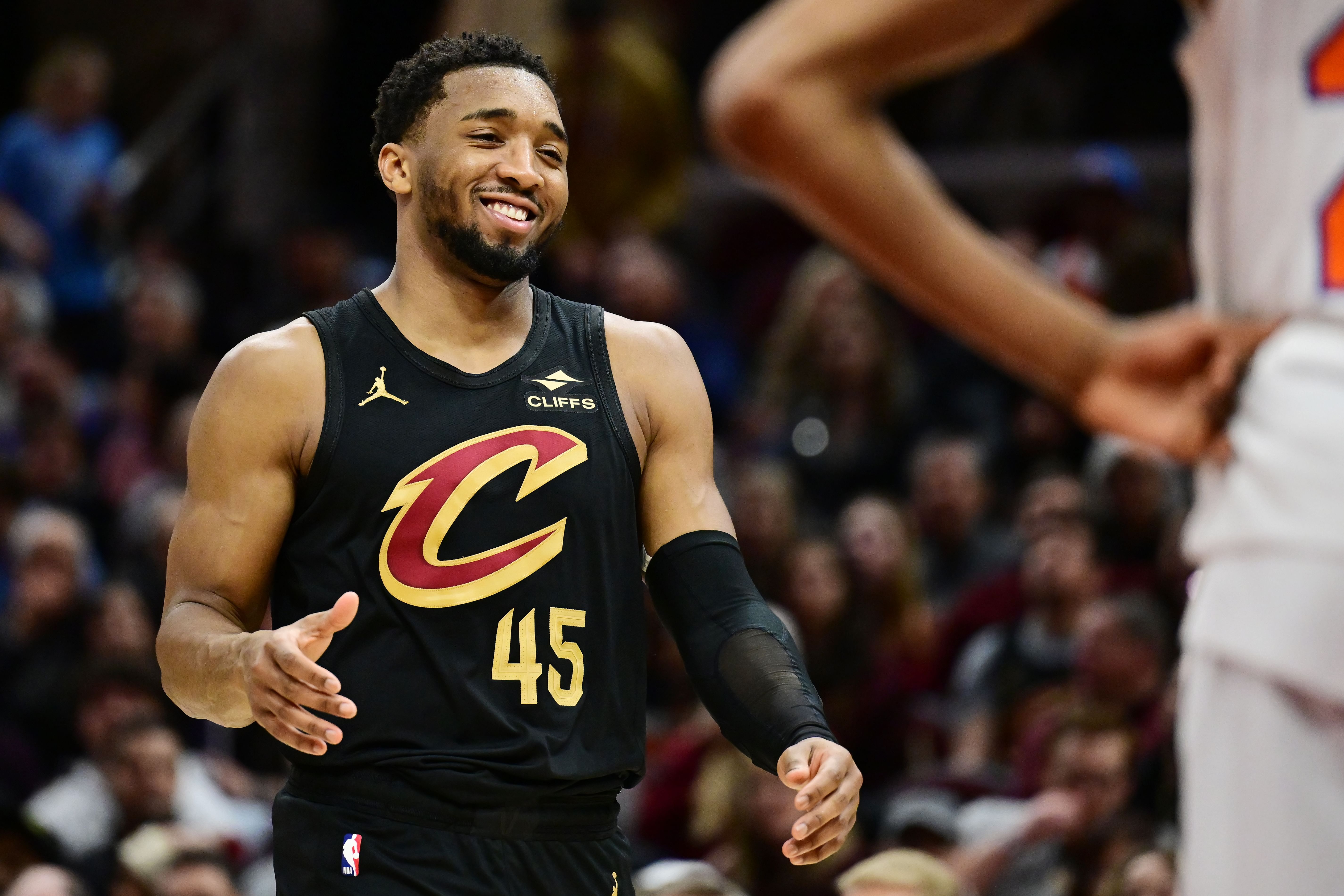 Cleveland Cavaliers guard Donovan Mitchell reacts against the New York Knicks at Rocket Arena. Photo Credit: Imagn