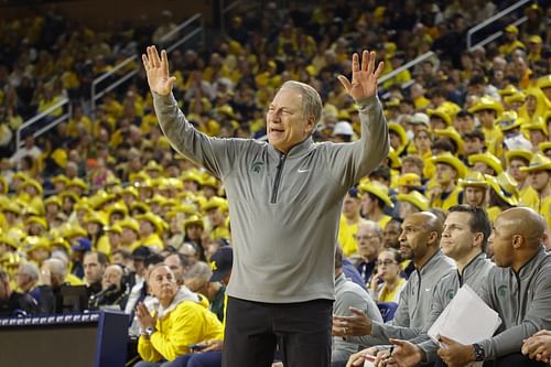 Michigan State coach Tom Izzo celebrates a point during the game against Michigan Wolverines. (Credits: IMAGN)