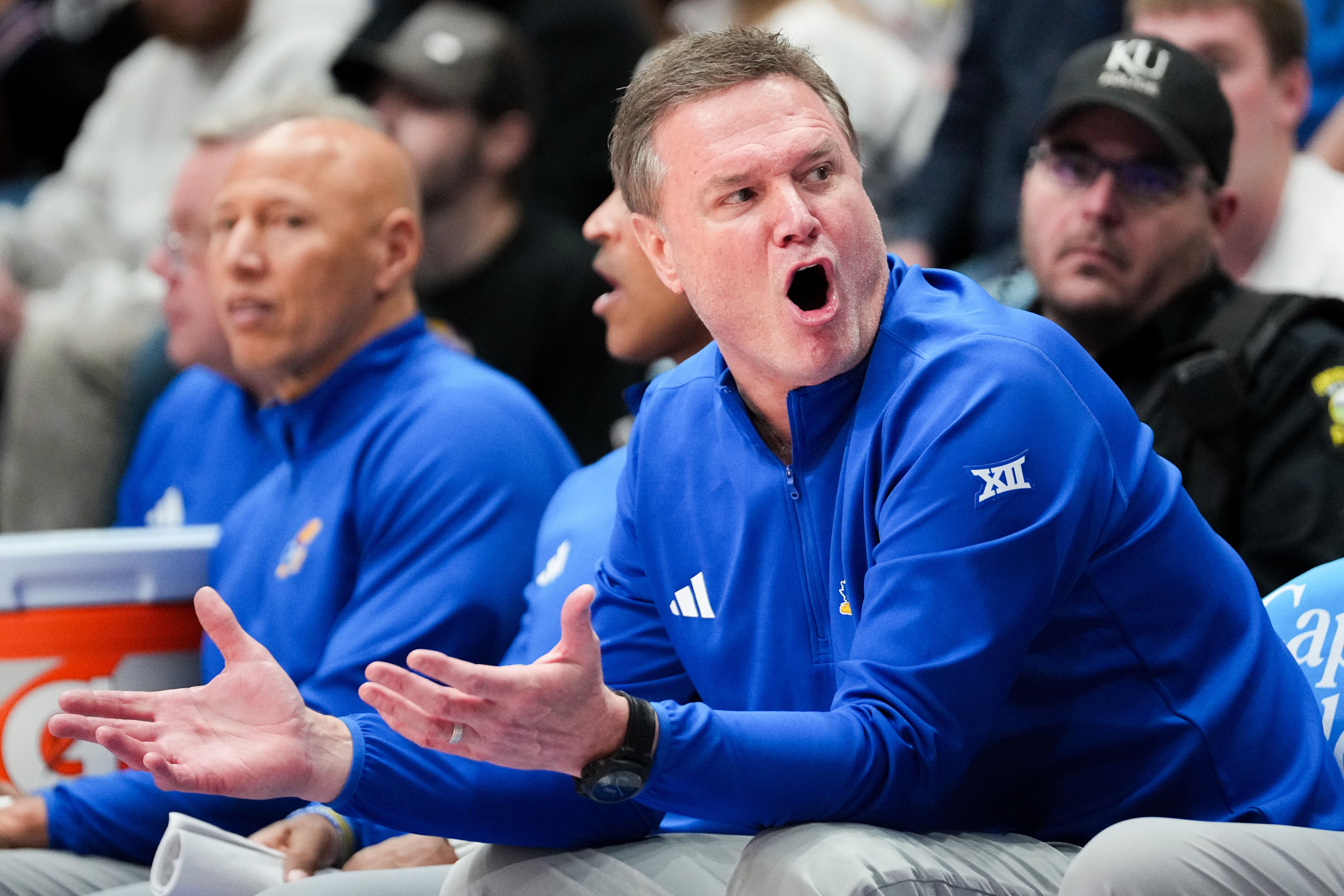 Feb 22, 2025; Lawrence, Kansas, USA; Kansas Jayhawks head coach Bill Self reacts to play against the Oklahoma State Cowboys during the second half at Allen Fieldhouse. Mandatory Credit: Denny Medley-Imagn Images - Source: Imagn