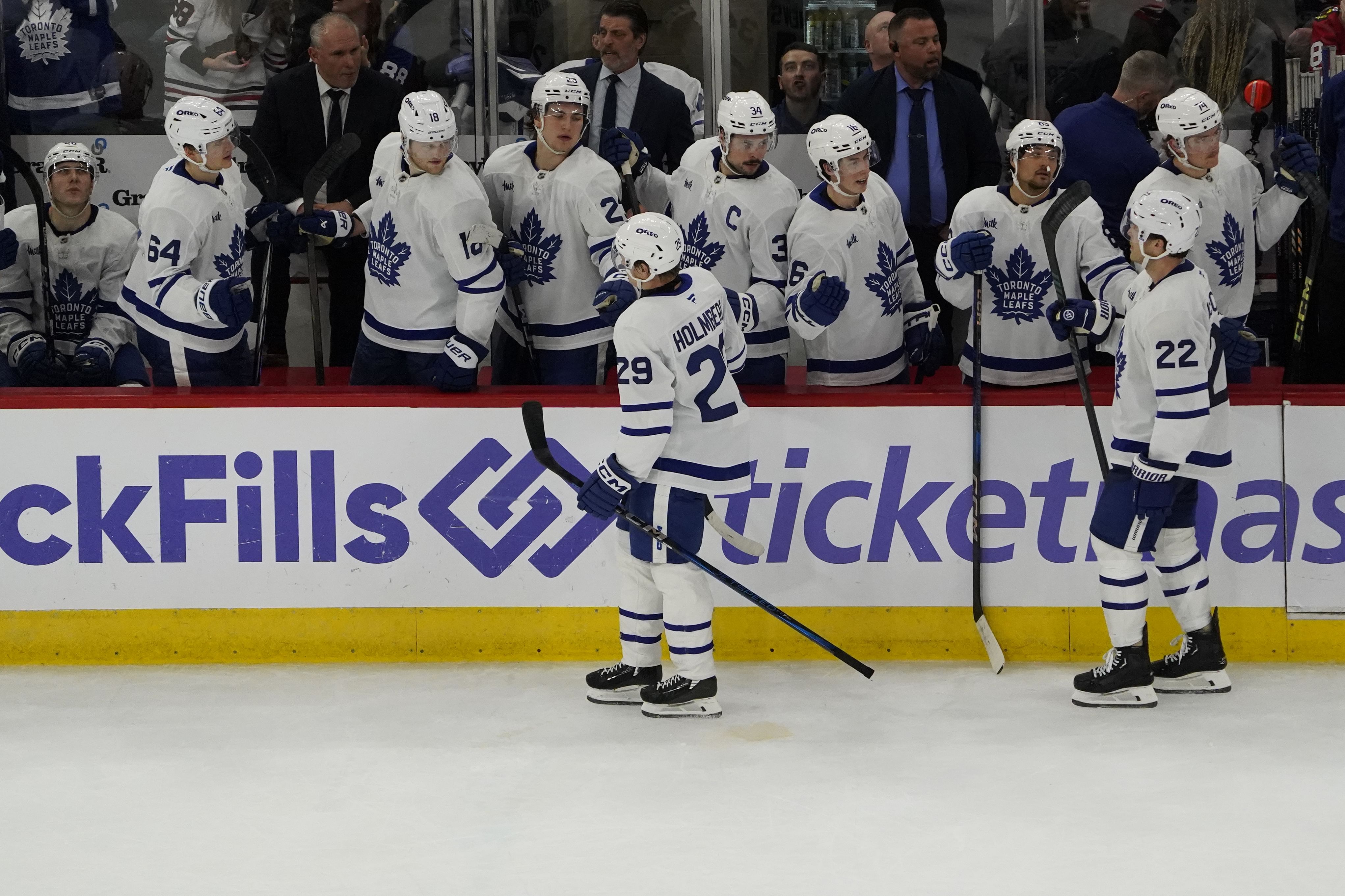 Feb 23, 2025; Chicago, Illinois, USA; Toronto Maple Leafs right wing Pontus Holmberg (29) celebrates his goal against the Chicago Blackhawks during the third period at United Center. Mandatory Credit: David Banks-Imagn Images - Source: Imagn