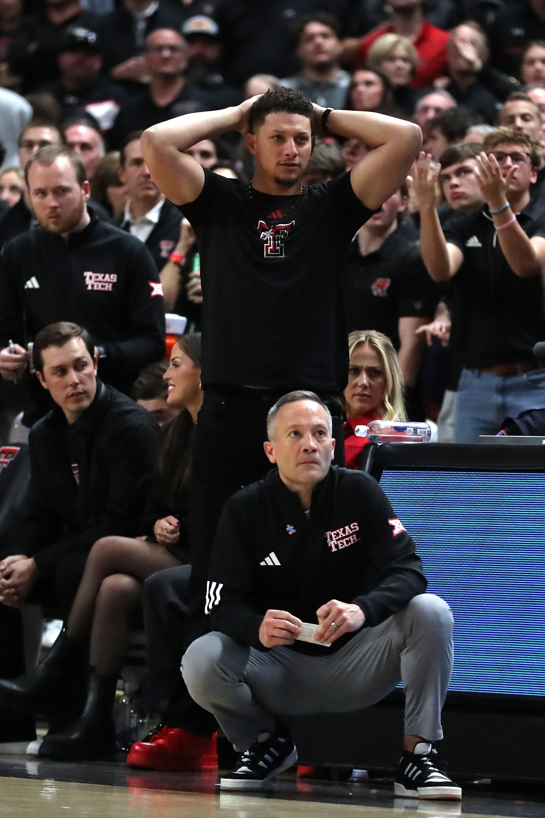 Patrick Mahomes reacts from the sidelines during Texas Tech vs Houston [NCAA Basketball: Houston at Texas Tech - Source: Imagn]