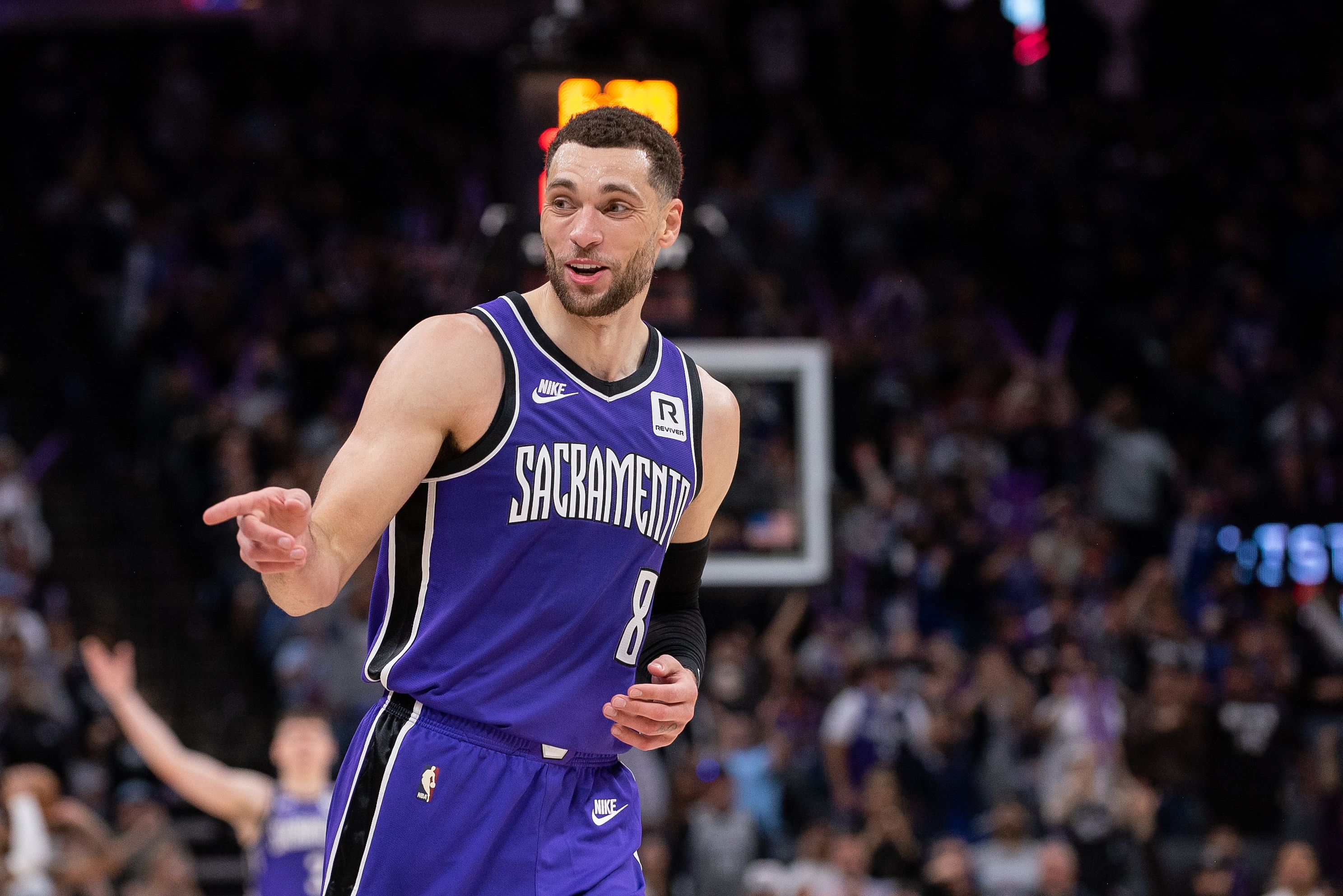 Sacramento Kings guard Zach LaVine reacts after scoring against the Charlotte Hornets at Golden 1 Center. Photo Credit: Imagn