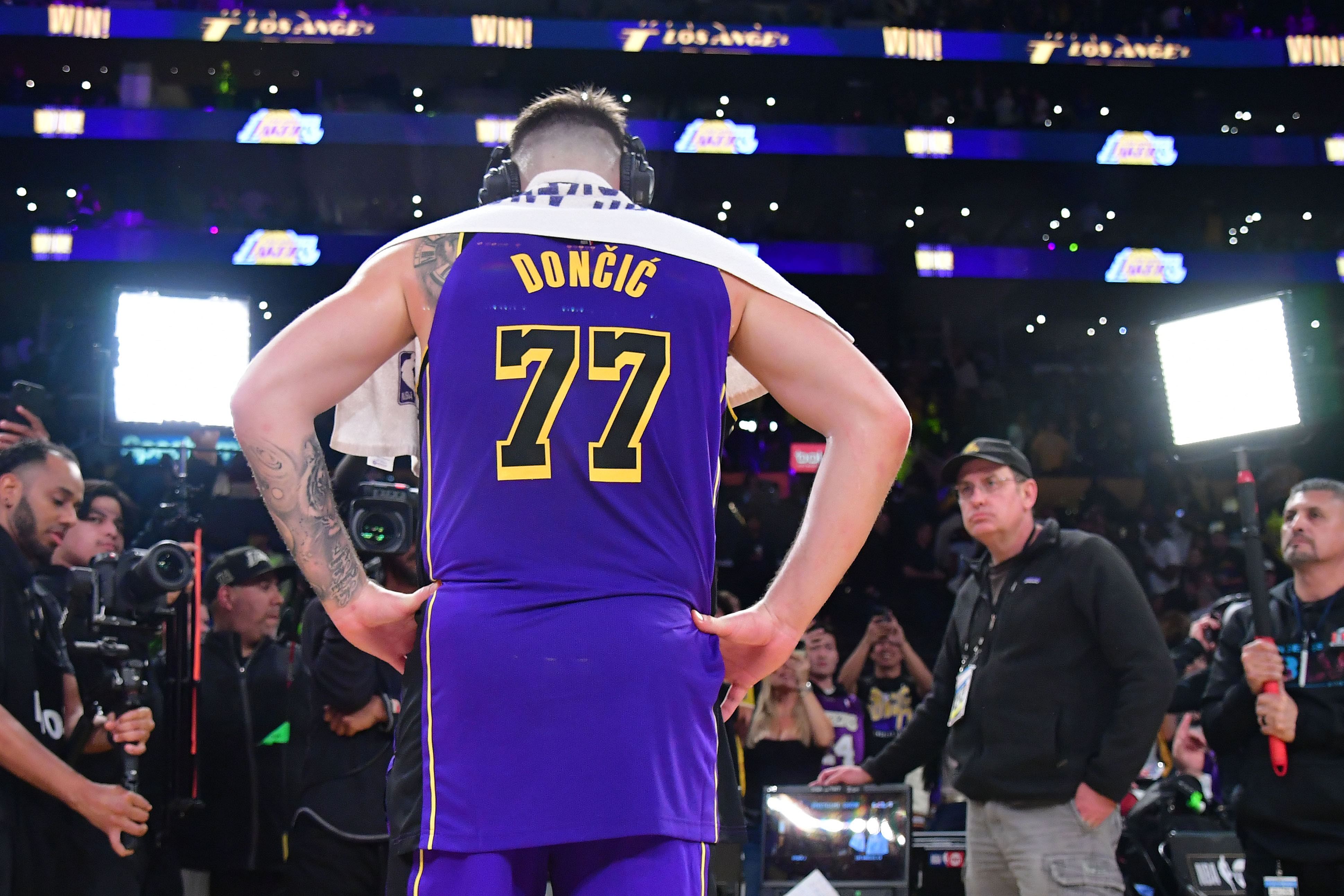 LA Lakers guard Luka Doncic speaks to the media after the game against the Dallas Mavericks at Crypto.com Arena. Photo Credit: Imagn