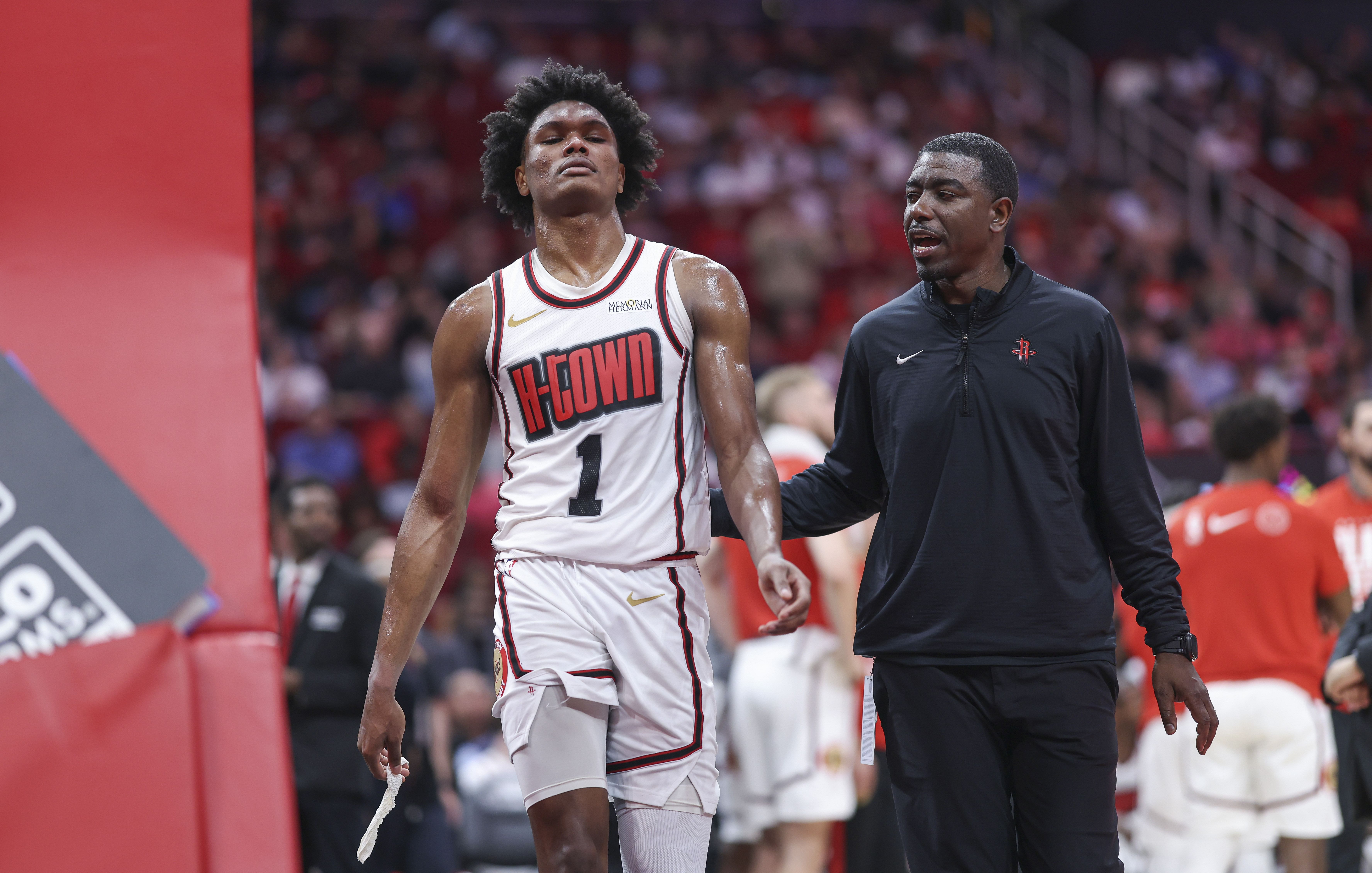 Houston Rockets forward Amen Thompson walks off the court after being ejected against the Milwaukee Bucks at Toyota Center. Photo Credit: Imagn