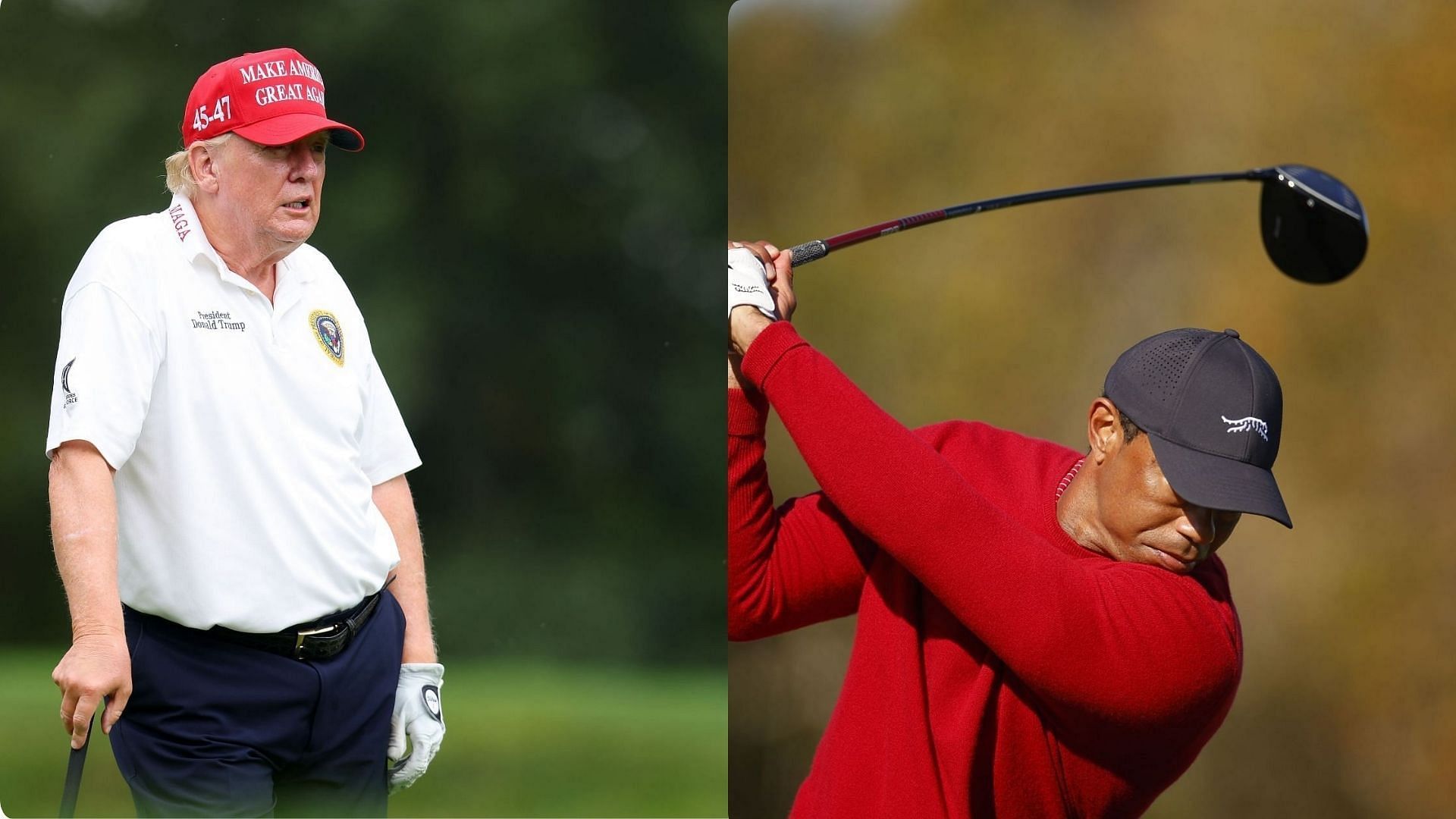 Donald Trump plays golf with Tiger Woods. Image via Getty Images