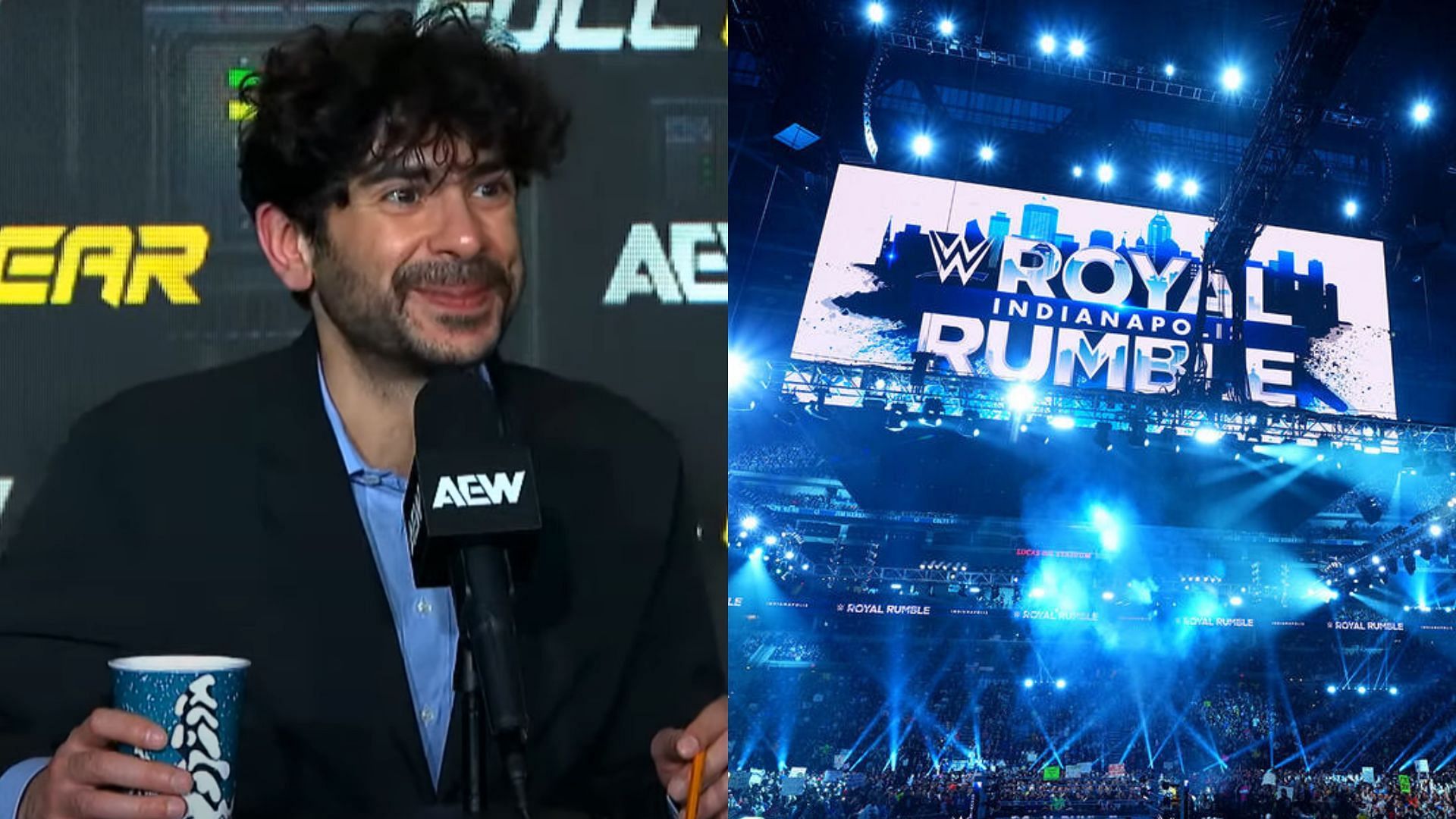 AEW president Tony Khan (left) and WWE Royal Rumble (right). (Image credits: AEW YouTube channel &amp; wwe.com)