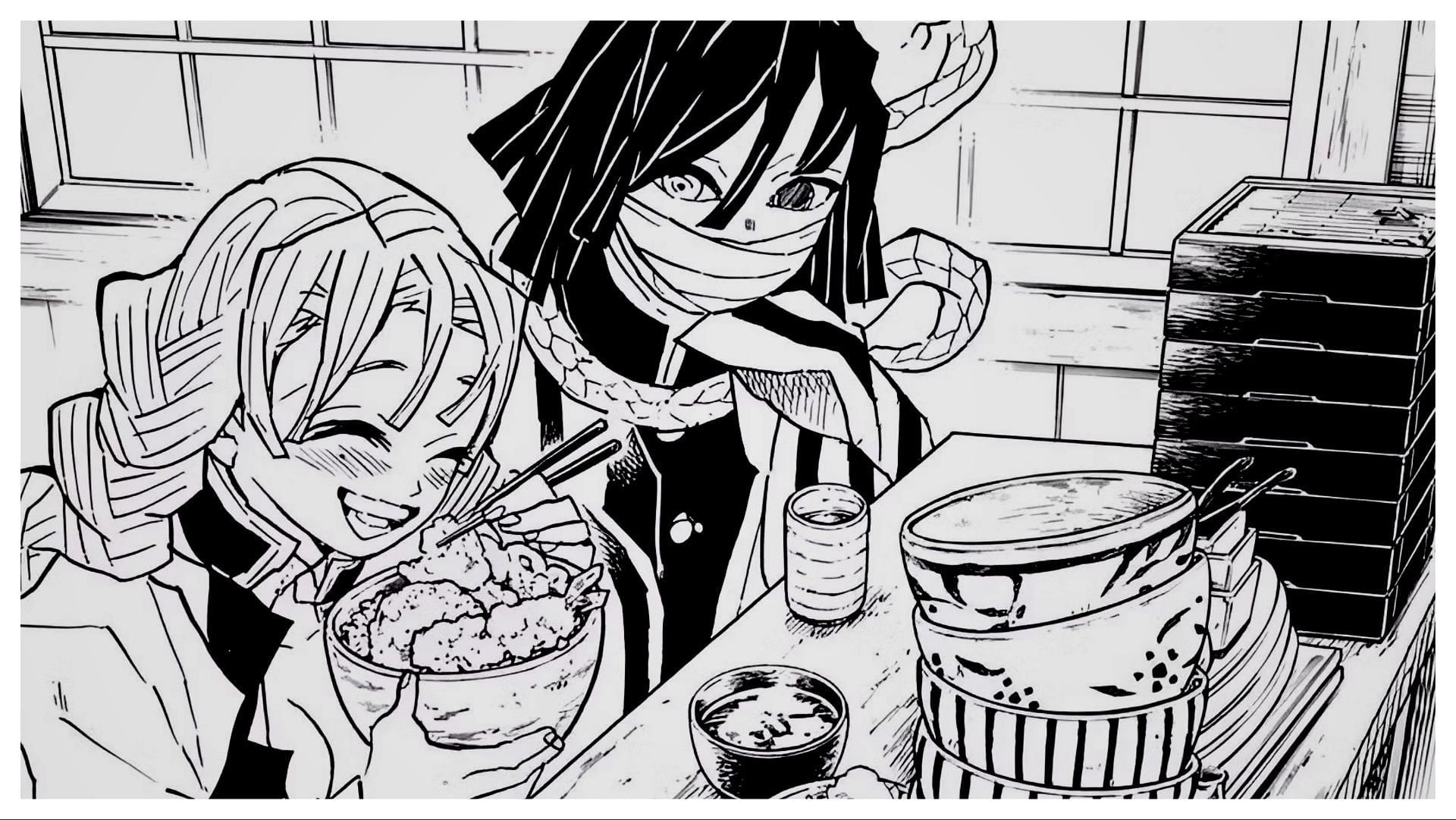 Obanai and Mitsuri having a meal together (Image via Shueisha)