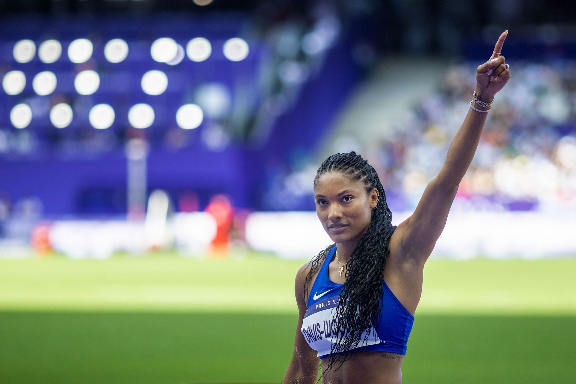 Tara Davis-Woodhall gearing up for her long jump event at the Olympic Games-Paris 2024 - (Source: Getty)