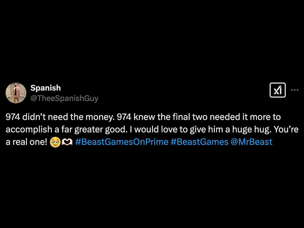 Fans praise Beast Games&#039; player 974 (Image via X/@TheeSpanishGuy)