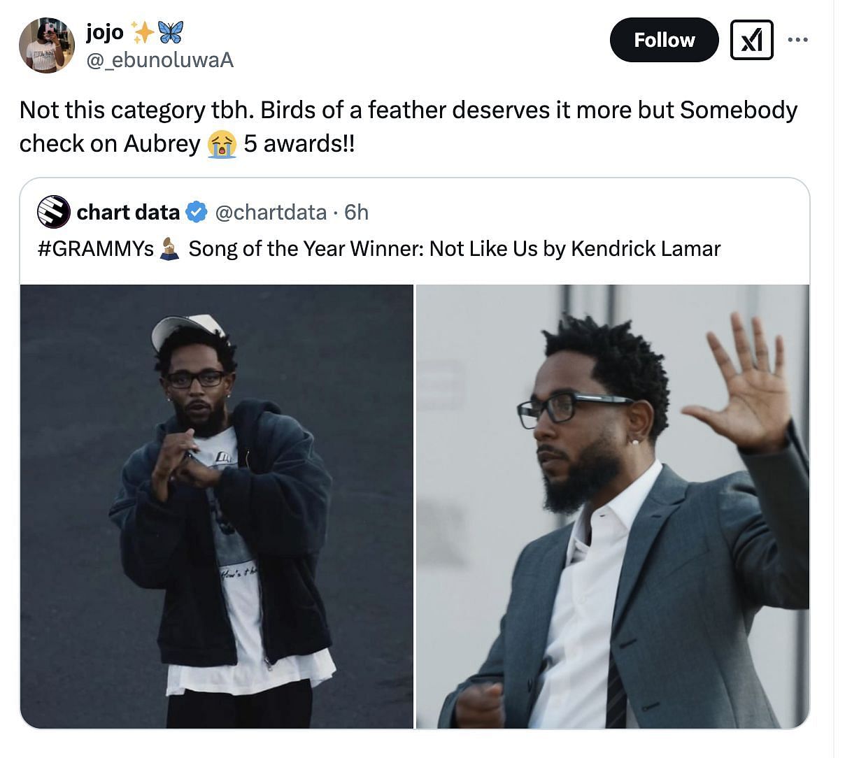 X users comment on Lamar winning the award at the 2025 Grammys. (Image via X)