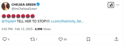 Screenshot of Chelsea Green's deleted tweet on X (Photo Credit: Chelsea Green on X)