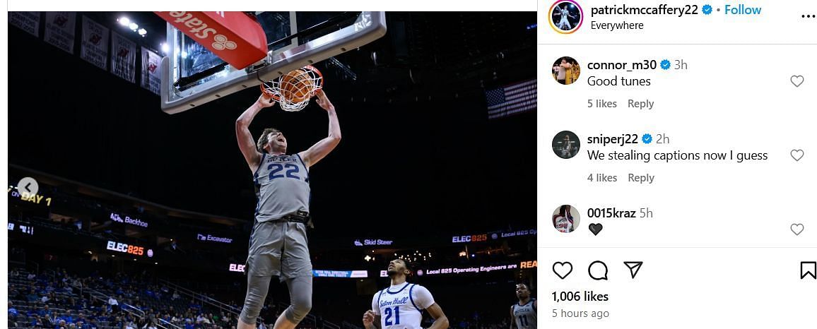 Connor McCaffery reacts to brother, Patrick&#039;s IG photos. Image via @patrickmccaffery22