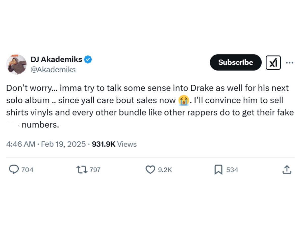 DJ Akademiks&#039; tweet about Drizzy (Image via X/@Akademiks)