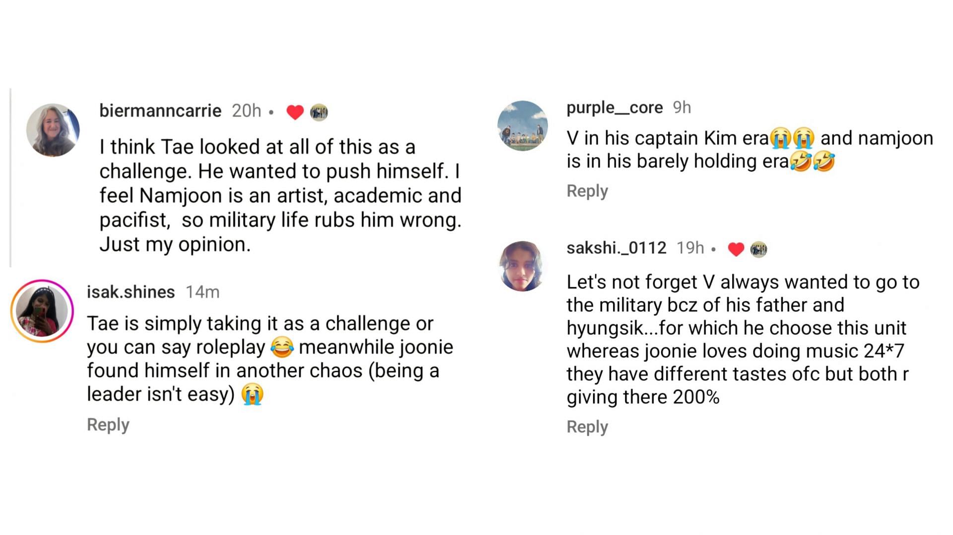 Netizens reactions to Namjoon and V&#039;s approach to the military (Images via Instagram/@biermanncarrie, @isak.shines, @purple_core &amp; @sakshi._0112)